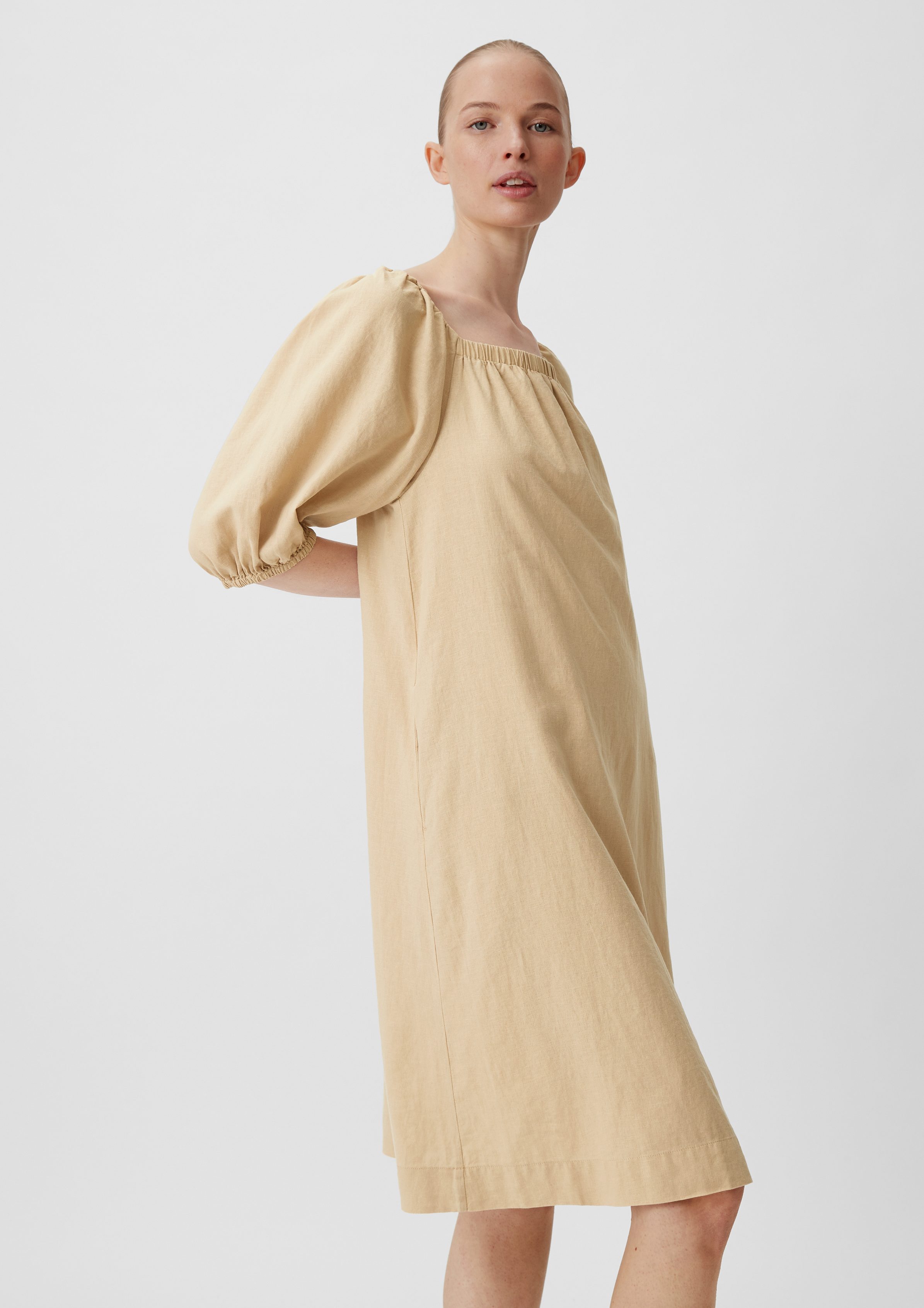 Schleife Midi-Kleid Raffung, aus identity casual Maxikleid Logo, Leinenmix comma
