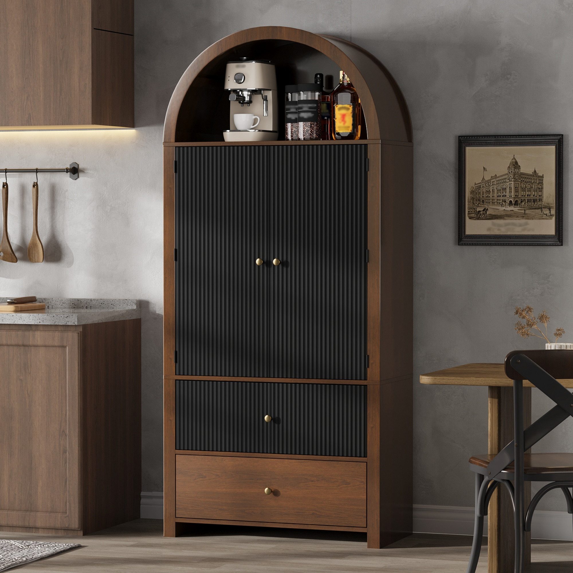STILVORA Highboard in Walnussoptik Aufbewahrungsschrank mit Verstellbare Einlegeböden (2 Schubladen, Türablagen, offenes Fach, Ringgriffe, MDF, 180×80×40cm, Walnussoptik, stabil, langlebig, Vintage), für Küche, Esszimmer, Wohnzimmer und Schlafzimmer