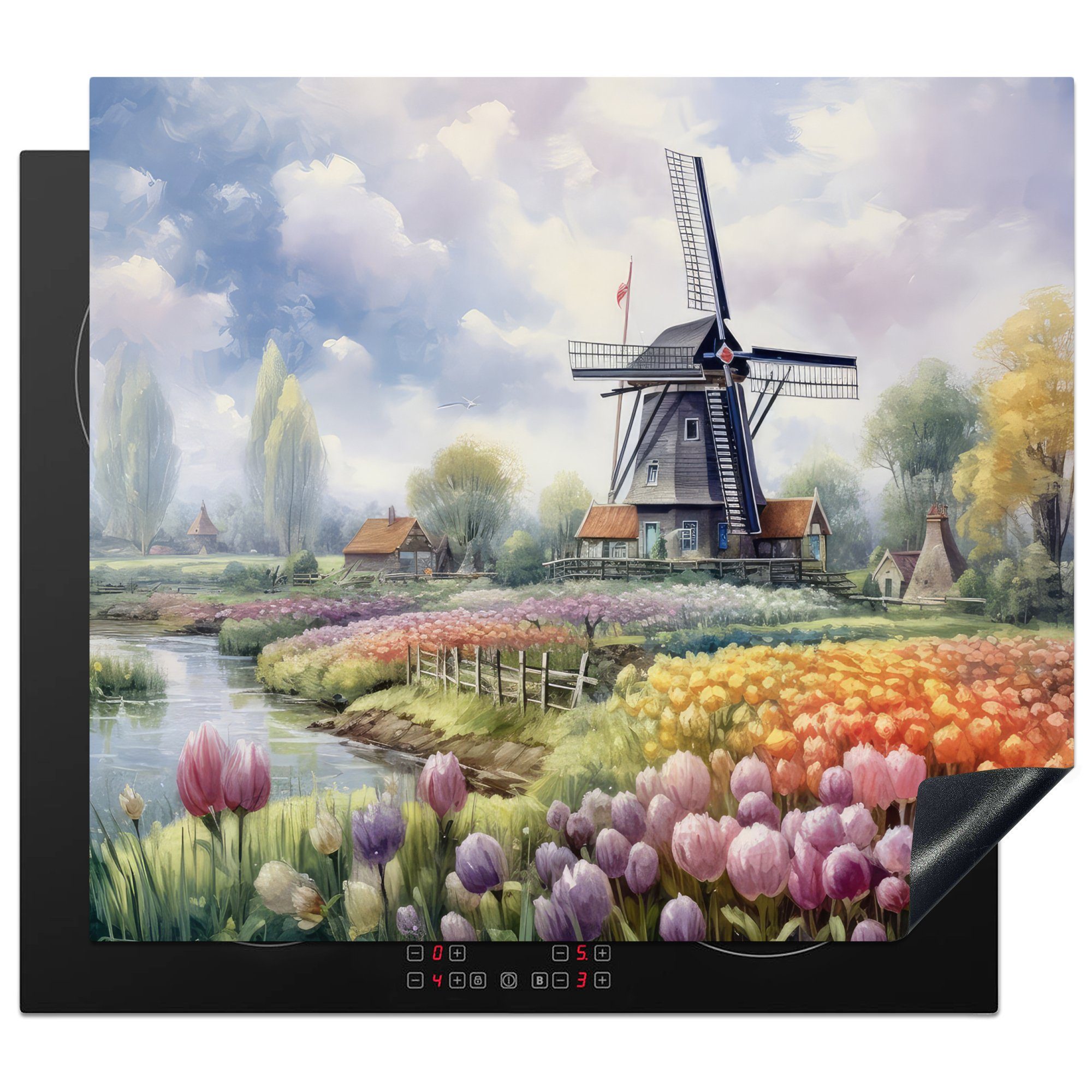 MuchoWow Herdblende-/Abdeckplatte Mühle - Blumen - Niederlande - Landschaft - Niederländisch, Vinyl, (1 tlg), 60x52 cm, Mobile Arbeitsfläche nutzbar, Ceranfeldabdeckung