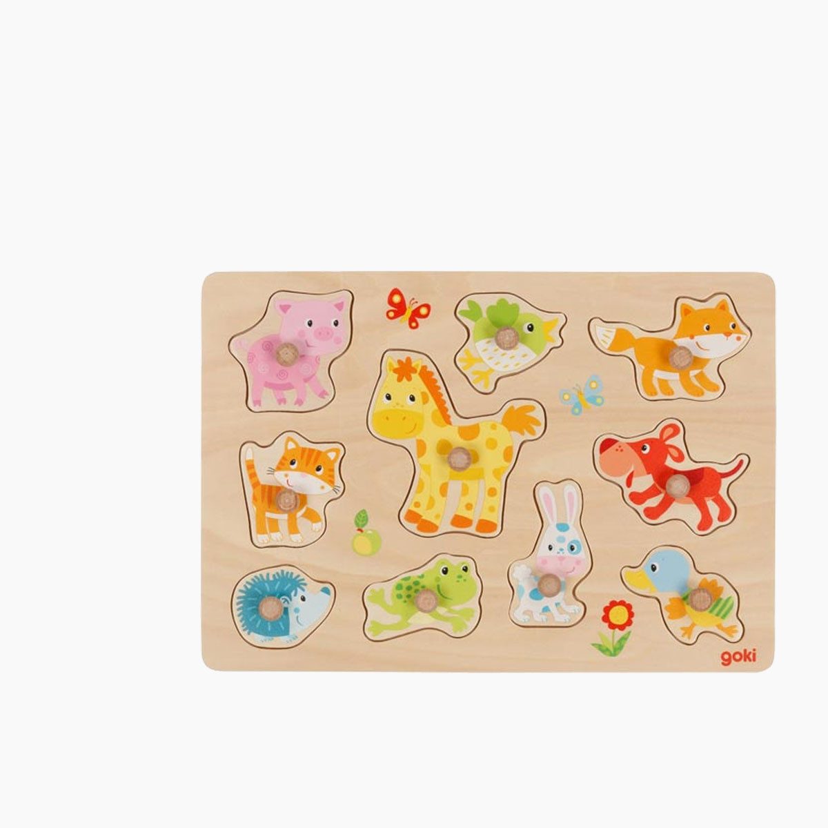 goki Steckpuzzle Steckpuzzle Tierkinder, 10 Puzzleteile, Mit kindgerechten Holzknöpfe auf den Puzzlestücken