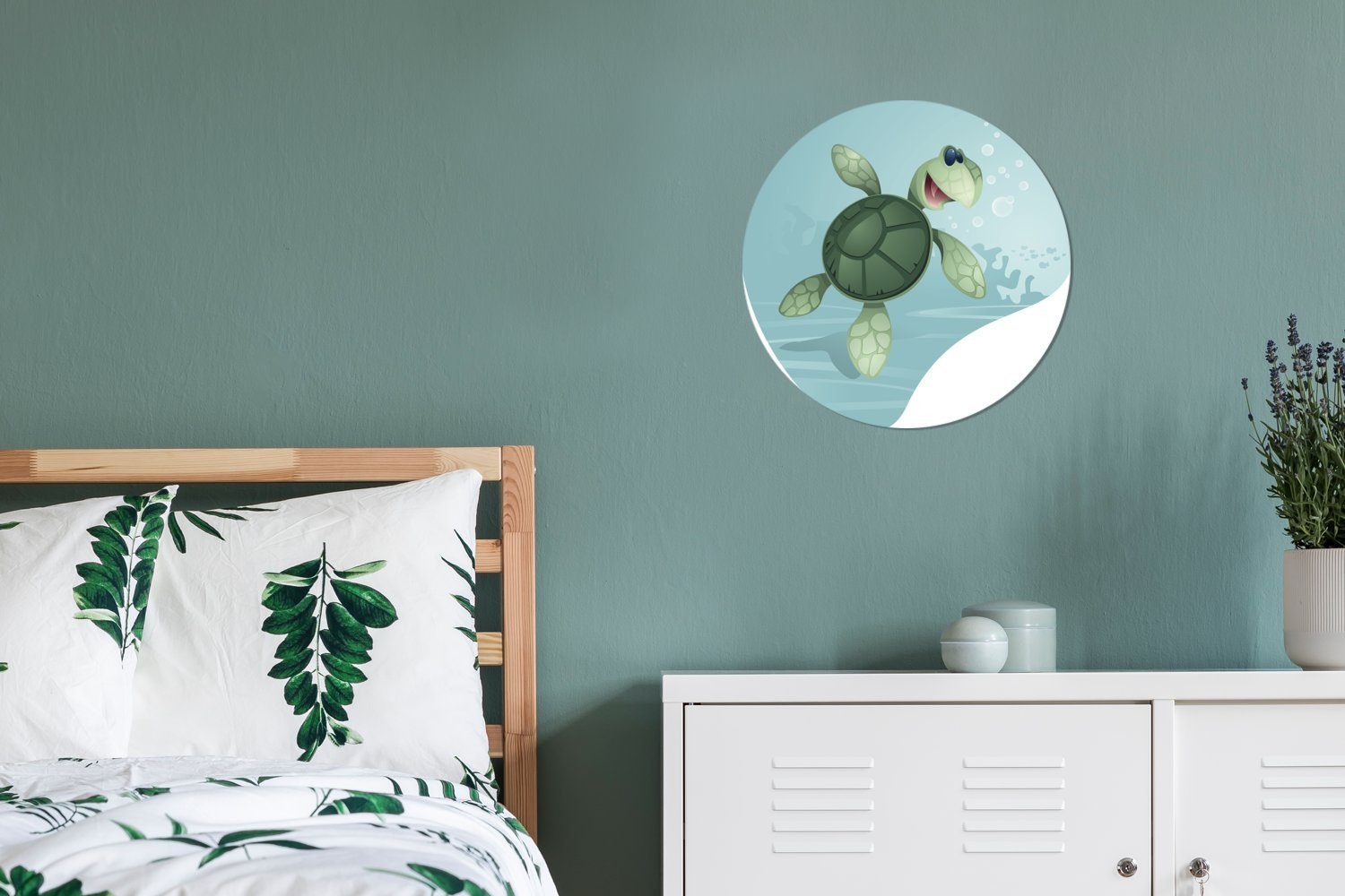 St), grünem (1 Wasser für Tapetenaufkleber, MuchoWow Wohnzimmer Wandsticker in einer Rund, Tapetenkreis Kinderzimmer, Illustration Schildkröte