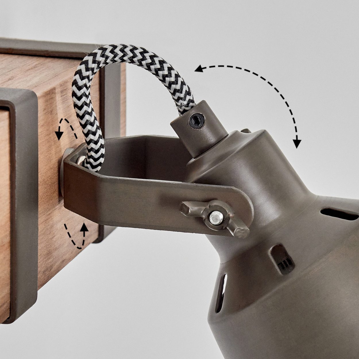 hofstein Wandleuchte Wandlampe aus Metall/Holz in Grau/Naturfarben, ohne Leuchtmittel, verstellbare Leuchte im Vintage/Industrial-Design mit Holzbalken, GU10