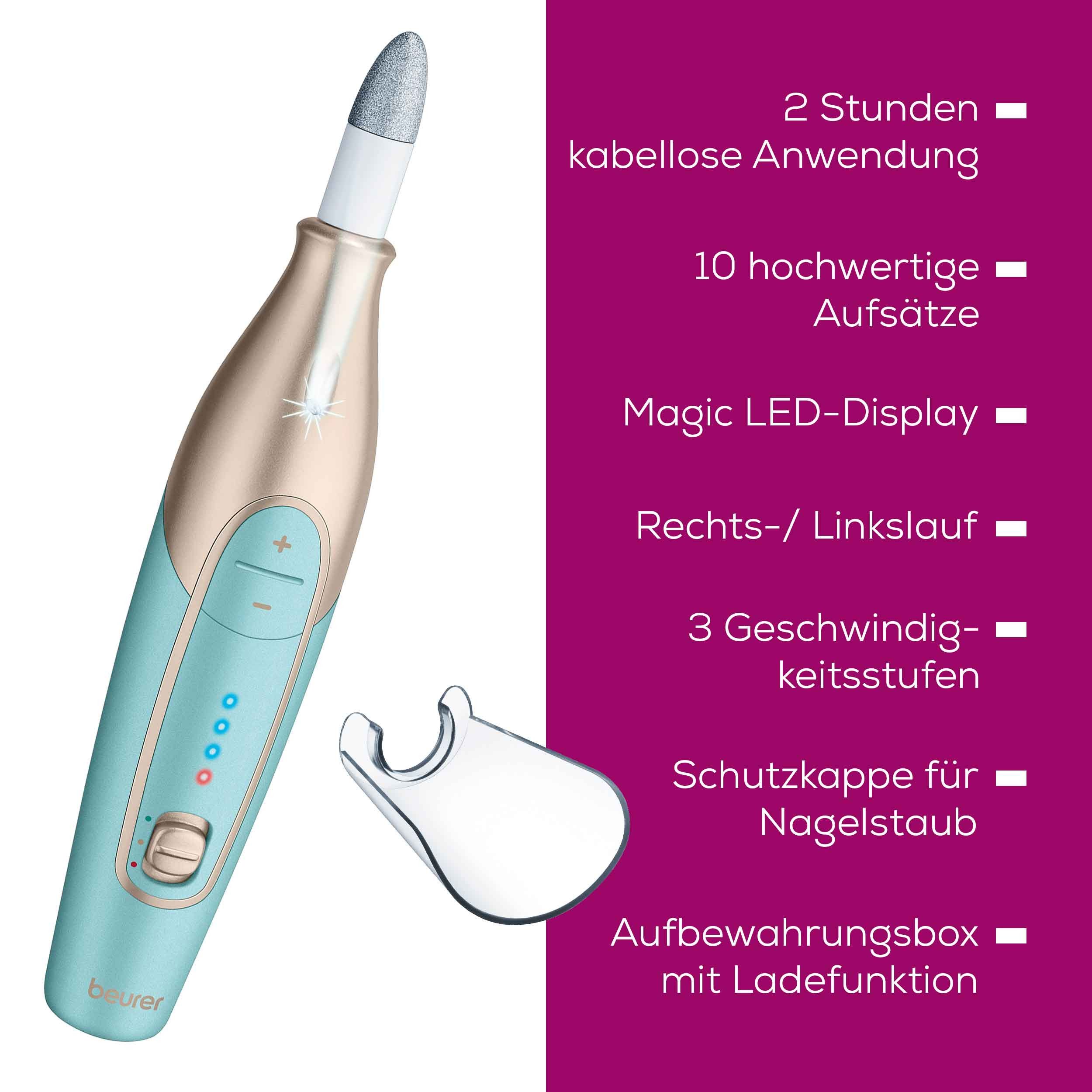 BEURER Maniküre-Pediküre-Set MP 84 elektrische Nagelfeile, kabellos mit Lade- und Aufbewahrungsetui, Mit 10 Aufsätzen, LED-Licht, Abschaltautomatik und Ladekontrollanzeige