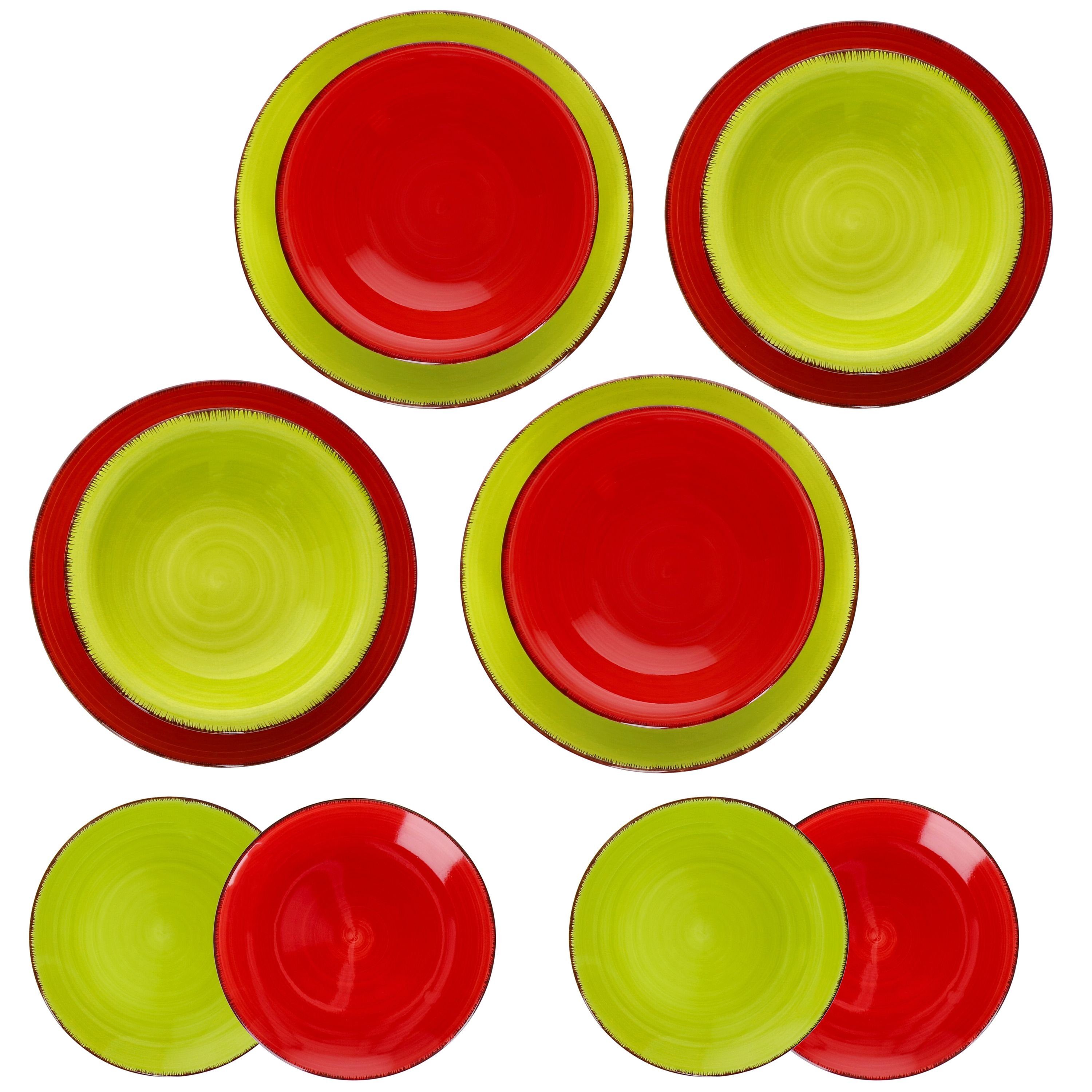 MamboCat Teller-Set 12tlg. Teller rot Personen & Uni Steingut Malaga Suppe, grün 4 Set Duo Teller