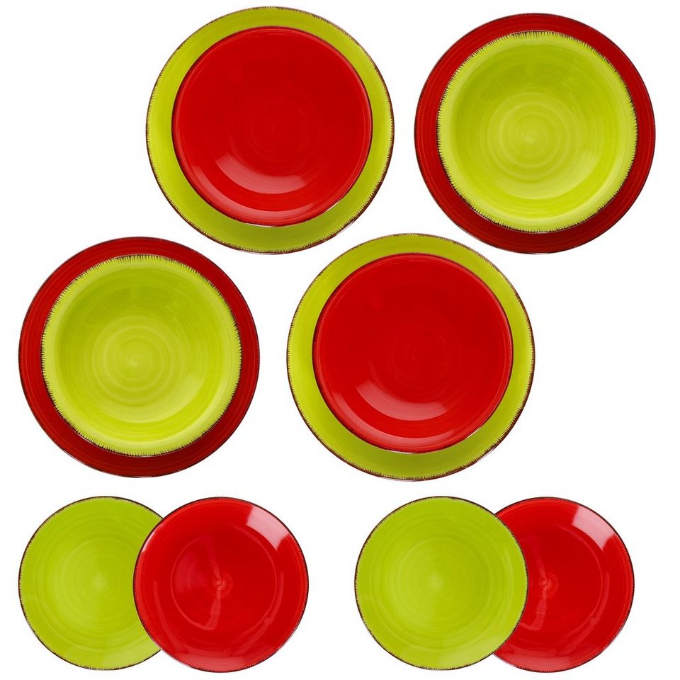 MamboCat Teller-Set 12tlg. Teller Set Uni Duo Malaga grün & rot 4 Personen  Teller Suppe, Steingut