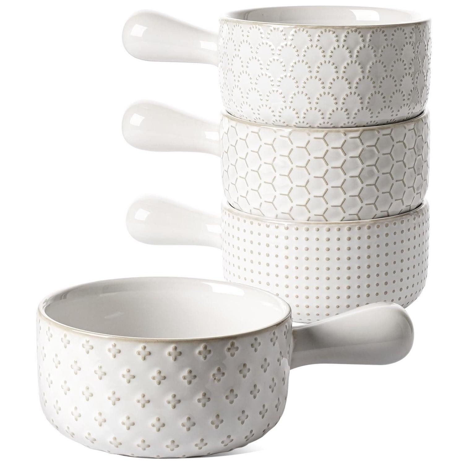 LuxusKollektion Suppenschüssel Zwiebelsuppenschalen 4er Set 530ml Arktis Weiss, Keramik