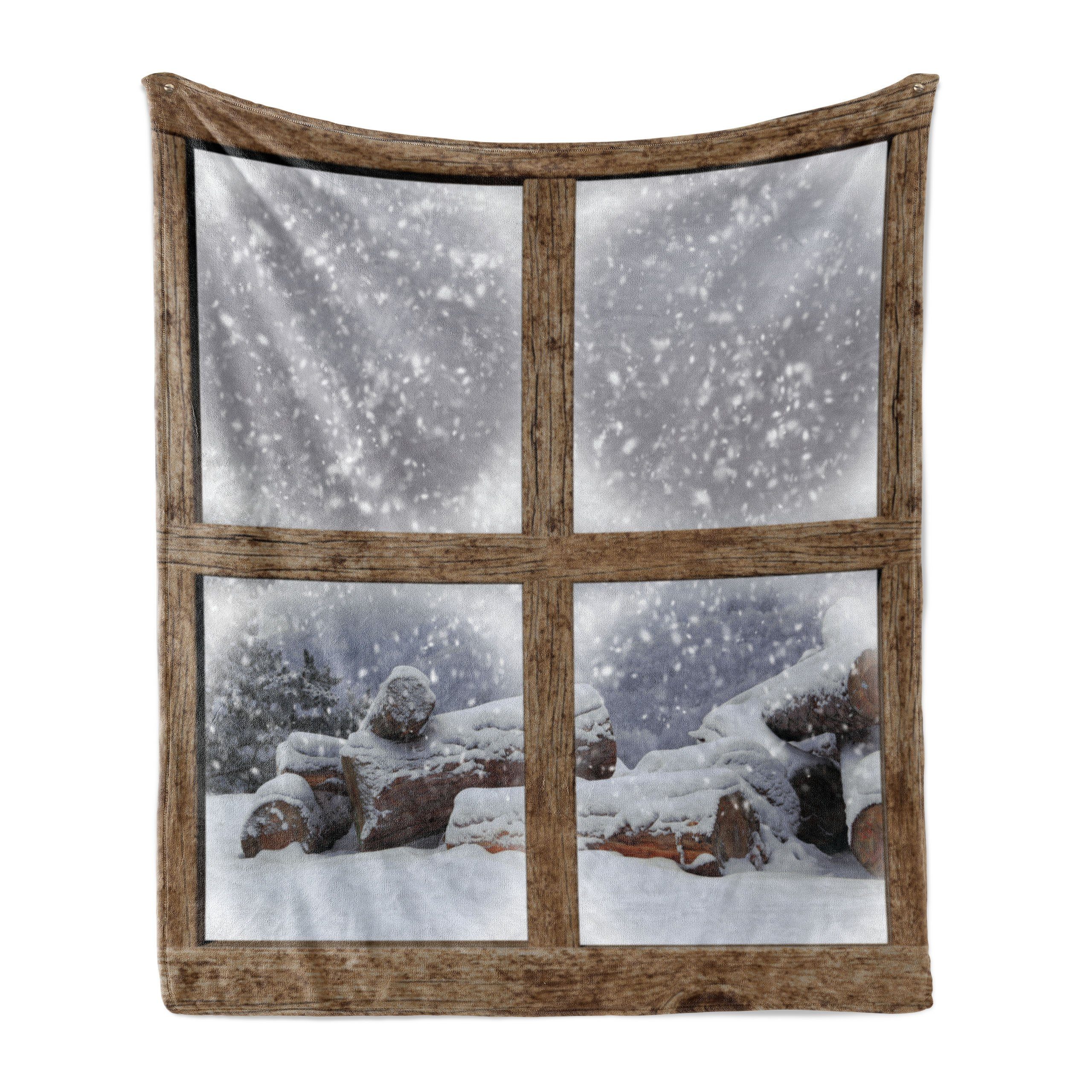 Wohndecke Gemütlicher Plüsch für den Innen- und Außenbereich, Abakuhaus, Winter Rustikale Snowy Holzig Rahmen