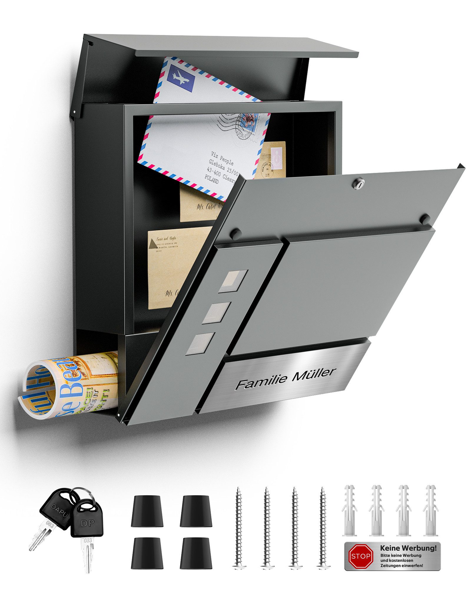 Jumpeak Wandbriefkasten Postkasten, Personalisiert Briefkasten mit Gravur, Moderner Briefkasten, Individuell anpassbarer Name und Türnummer, Edelstahlmaterial