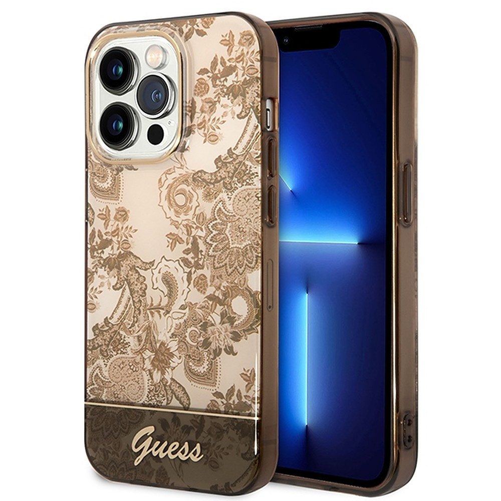 Guess Handyhülle Schutzhülle Smartphonehülle Rückschale 6,1 Zoll, Porzellan-Muster, Logo-Schriftzug, Kratzschutz
