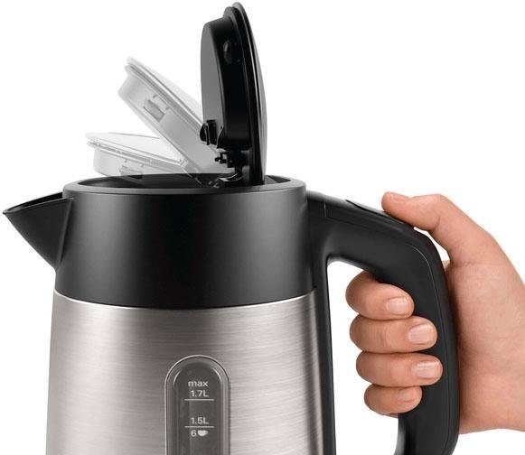 BOSCH Wasserkocher DesignLine TWK4P440, Ausgießen ohne Spritzer, Tassenanzeige, 1,7 l, 2400 W, Wasserstandsanzeige, Überhitzungsschutz, Edelstahl/schwarz