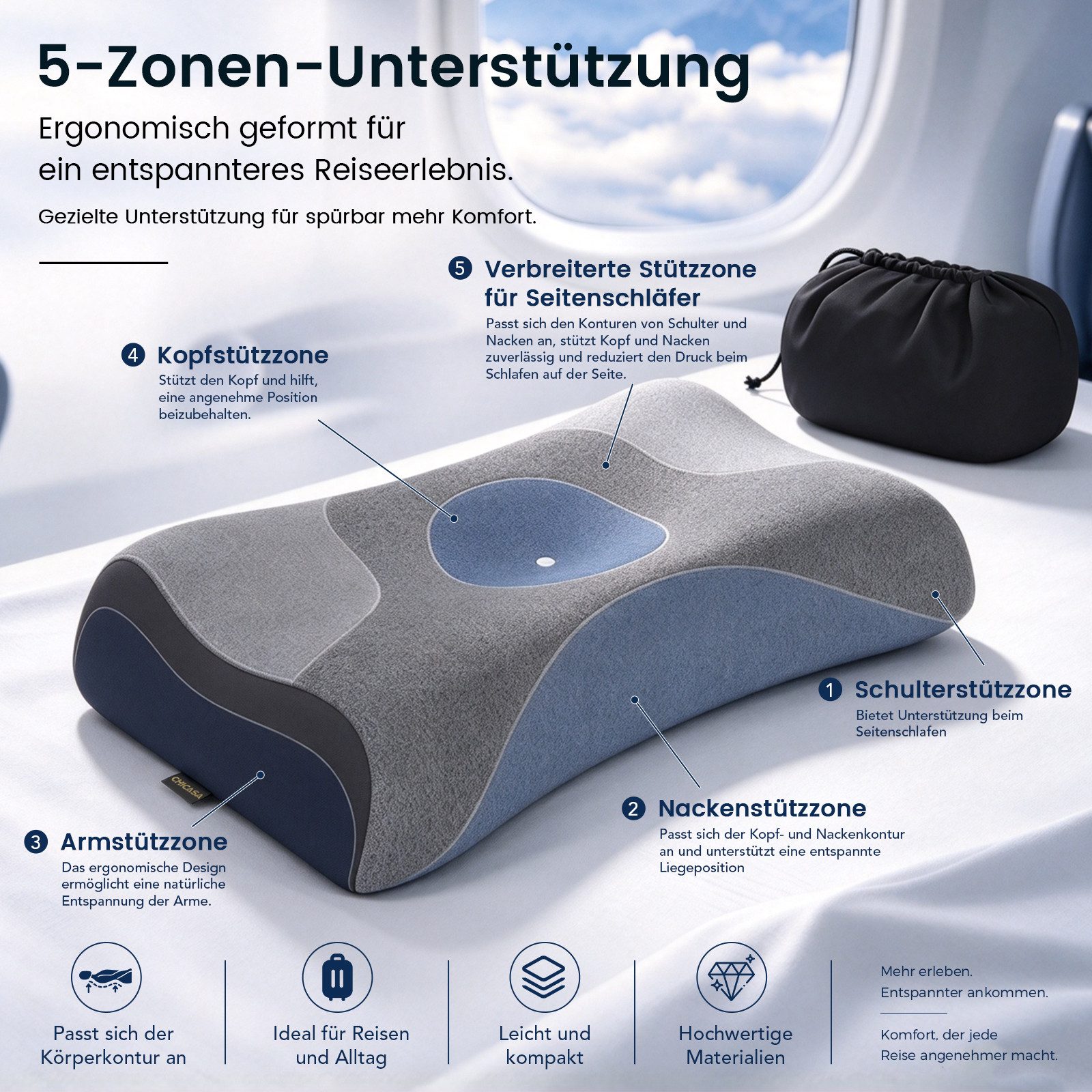 CHICASA Kopfkissen Reisekissen Grau, ergonomisch, 50D Memory-Schaum – Bild 3 von 5