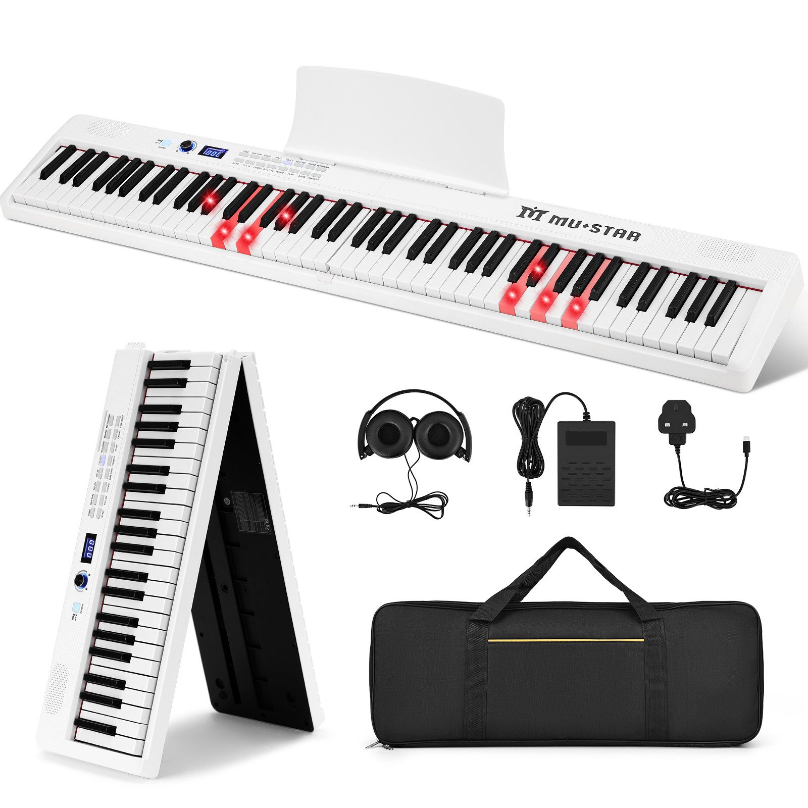 MUSTAR Digitalpiano 88 Tasten Faltbares Klavier mit Beleuchteter Tasten (1-St., mit Bluetooth, MIDI, Sustain Pedal, Kopfhörer für Anfänger), Halbgewichtige Digital Piano, Tragbares E-piano