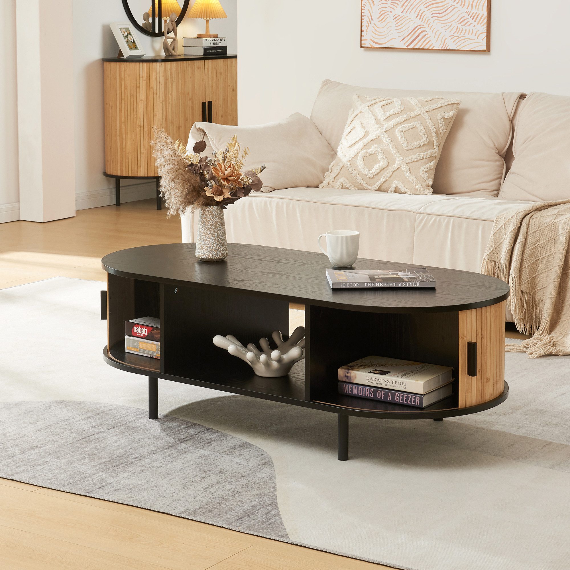 en.casa Couchtisch, »Tvedestrand« mit 2 Türen Metallbeine 120x55x40 cm Schwarz/Natur