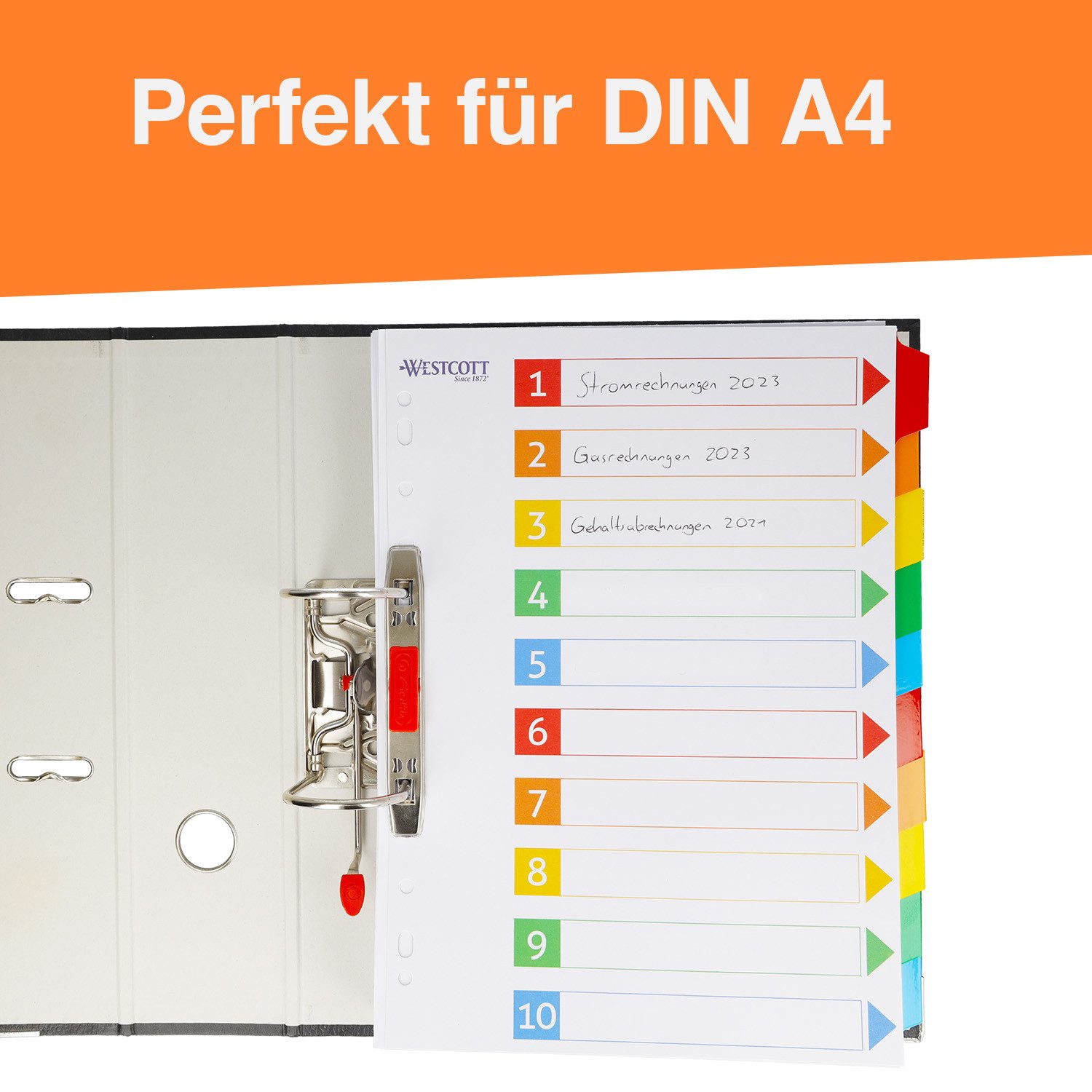 WESTCOTT Aktenordner Register für Ordner A4 (3er-Set), 3 x 10 Beschriftbare Trennblätter, Ordner Organizer 5 Farben, Robuste 160g/m² mit Eurolochung