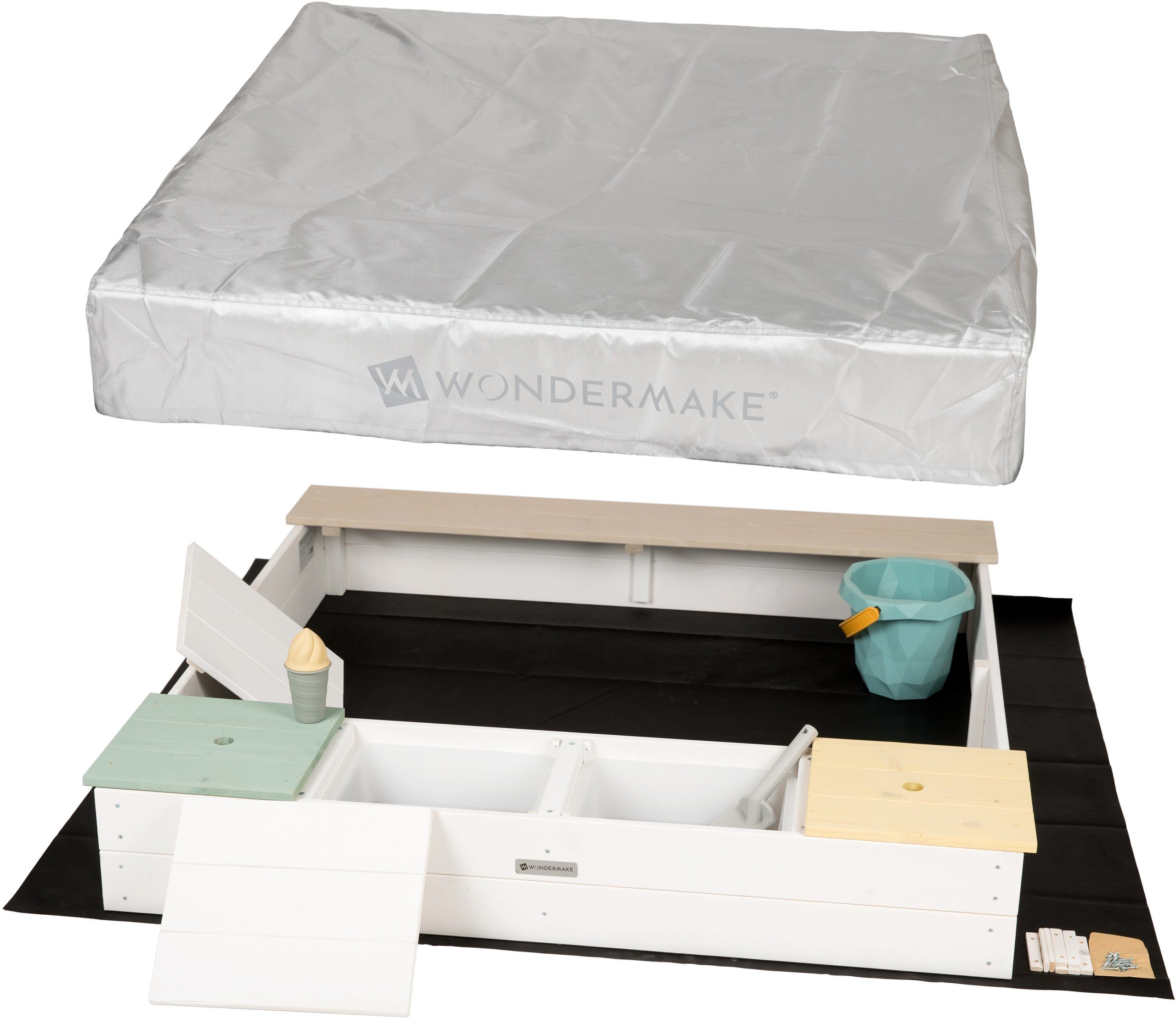 WONDERMAKE Sandkasten mit Abdeckung, 2x Matschküche, Boden Vlies