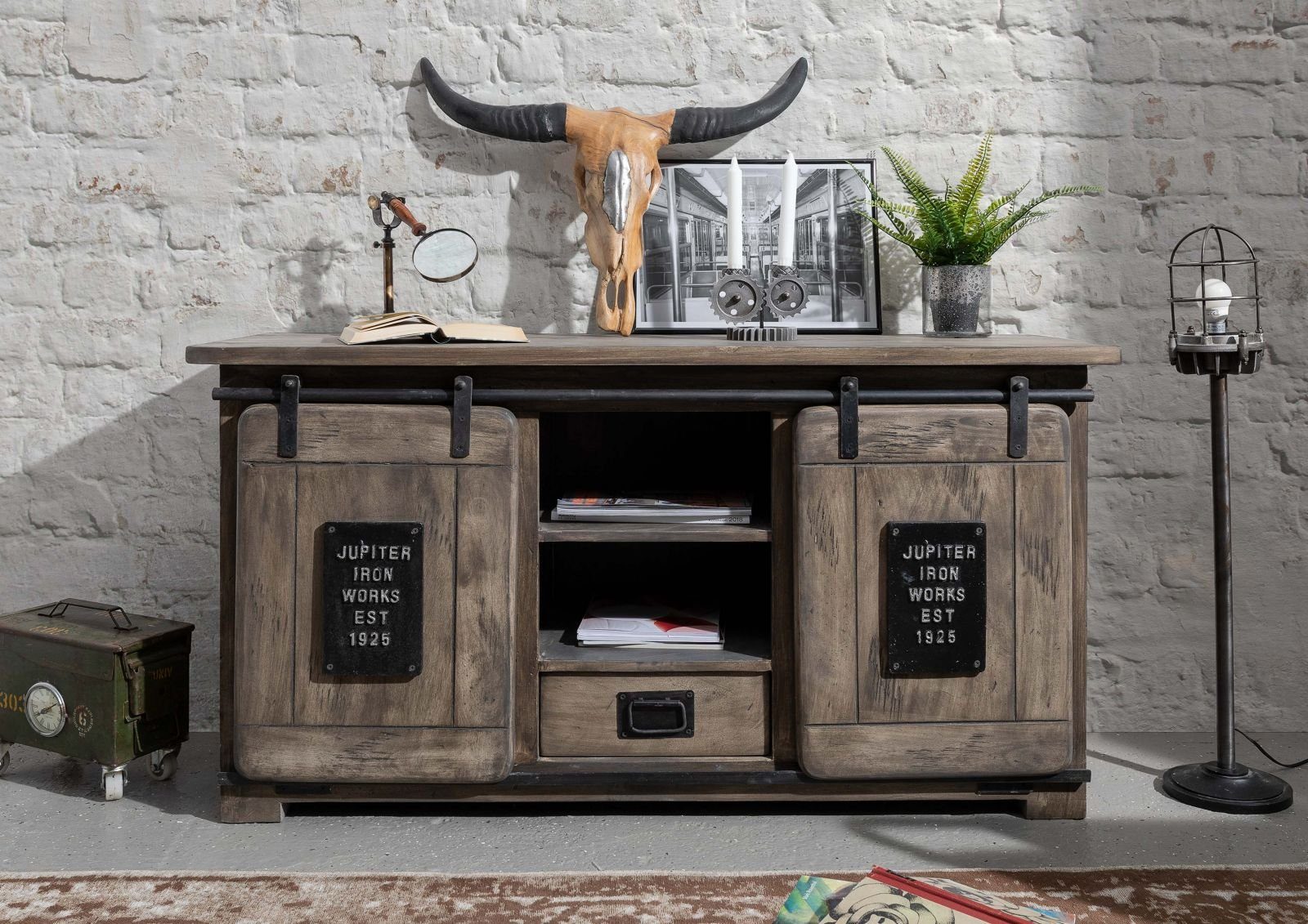 Massivmoebel24 Sideboard RAILWAY (Massivholz), Mango 128x45x70 grau lackiert RAILWAY #202