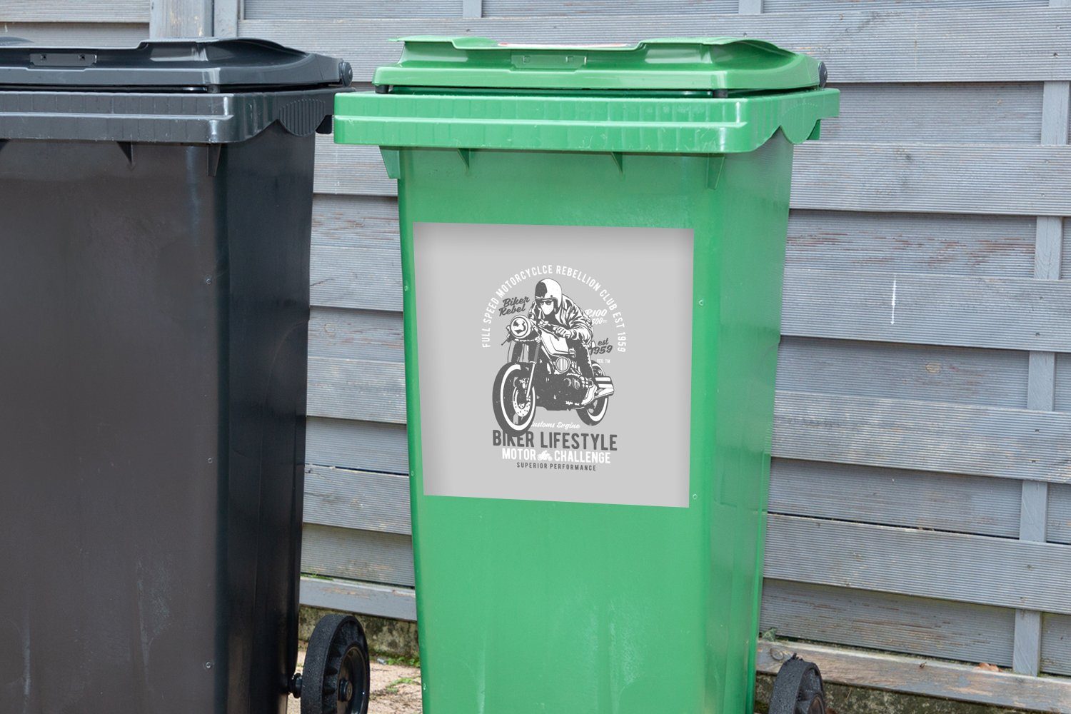 MuchoWow Sticker, Wandsticker Motorrad - Mülleimer-aufkleber, (1 - Oldtimer Container, St), Mülltonne, Abfalbehälter Mancave