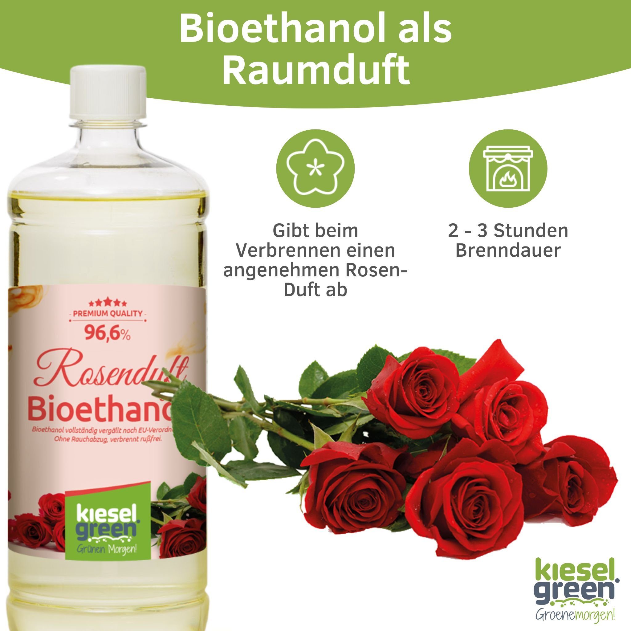 mit 6 Bioethanol x Bioethanol KieselGreen Liter Rosenduft Flasche für KieselGreen Duft 1 Ethanol-Kamin