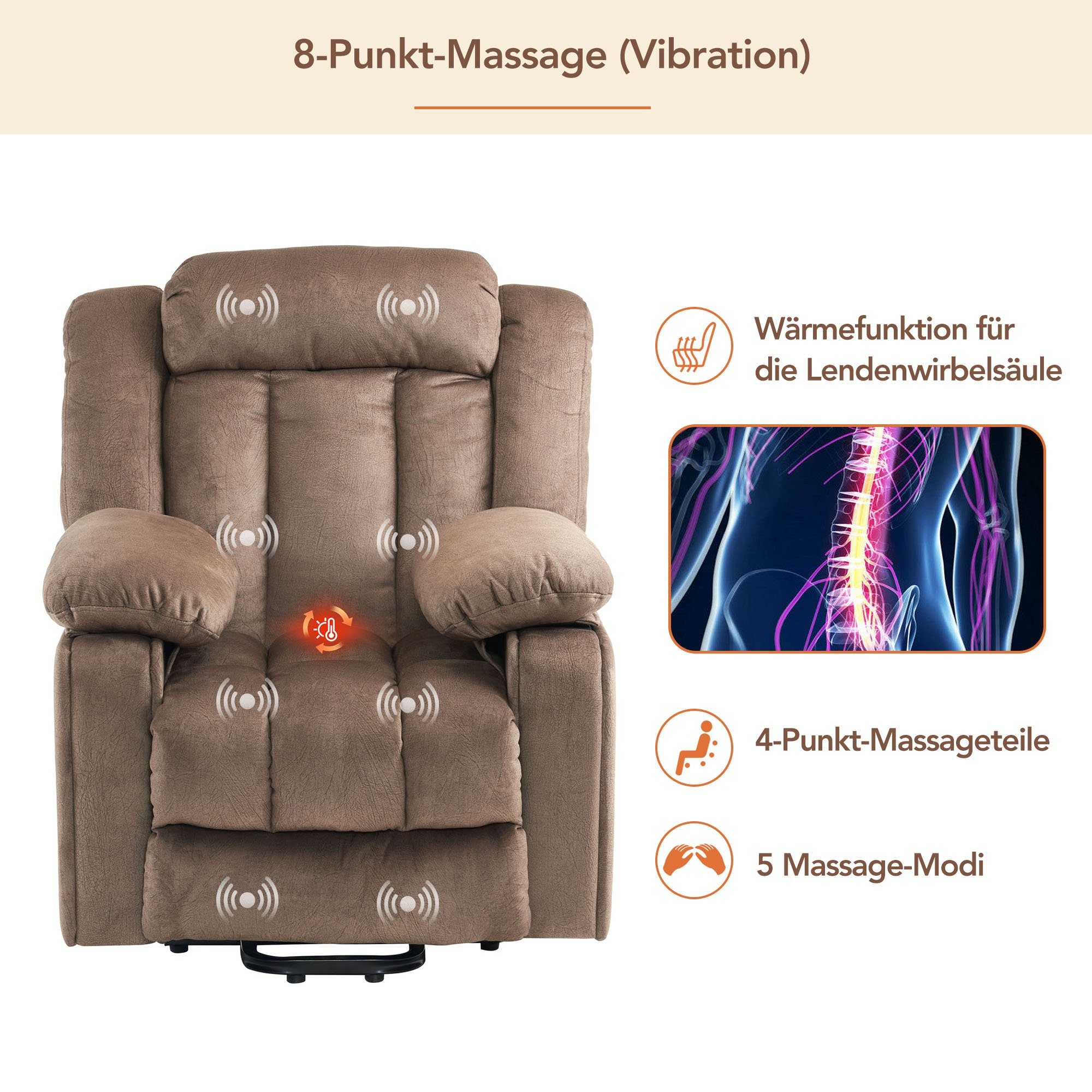Merax TV-Sessel Elektrisch Relaxsessel Braun relaxfunktion, Vibraiton, Wärme mit und und Fernsehsessel Liegefunktion, mit Aufstehhilfe Massagesessel