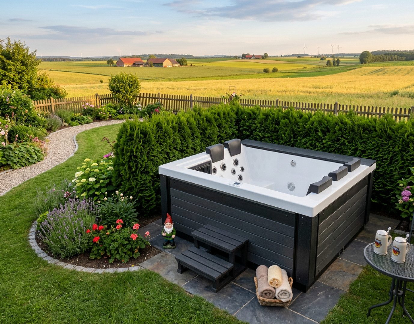 SPA Kompagniet Whirlpool Scandinavic Wood Art "Sylt" Outdoor Whirlpool 5P 220x195cm, (Komplett mit Thermo-Cover, 2 Filtern und LED-Beleuchtung), Design-Whirlpool mit Kunstmarmor-Wasserfall und Lichtpaket