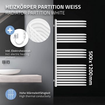 LuxeBath Elektrischer Badheizkörper Designheizkörper Handtuchtrockner Handtuchheizkörper Handtuchhalter, Weiß 500x1200mm Heizstab 1200W