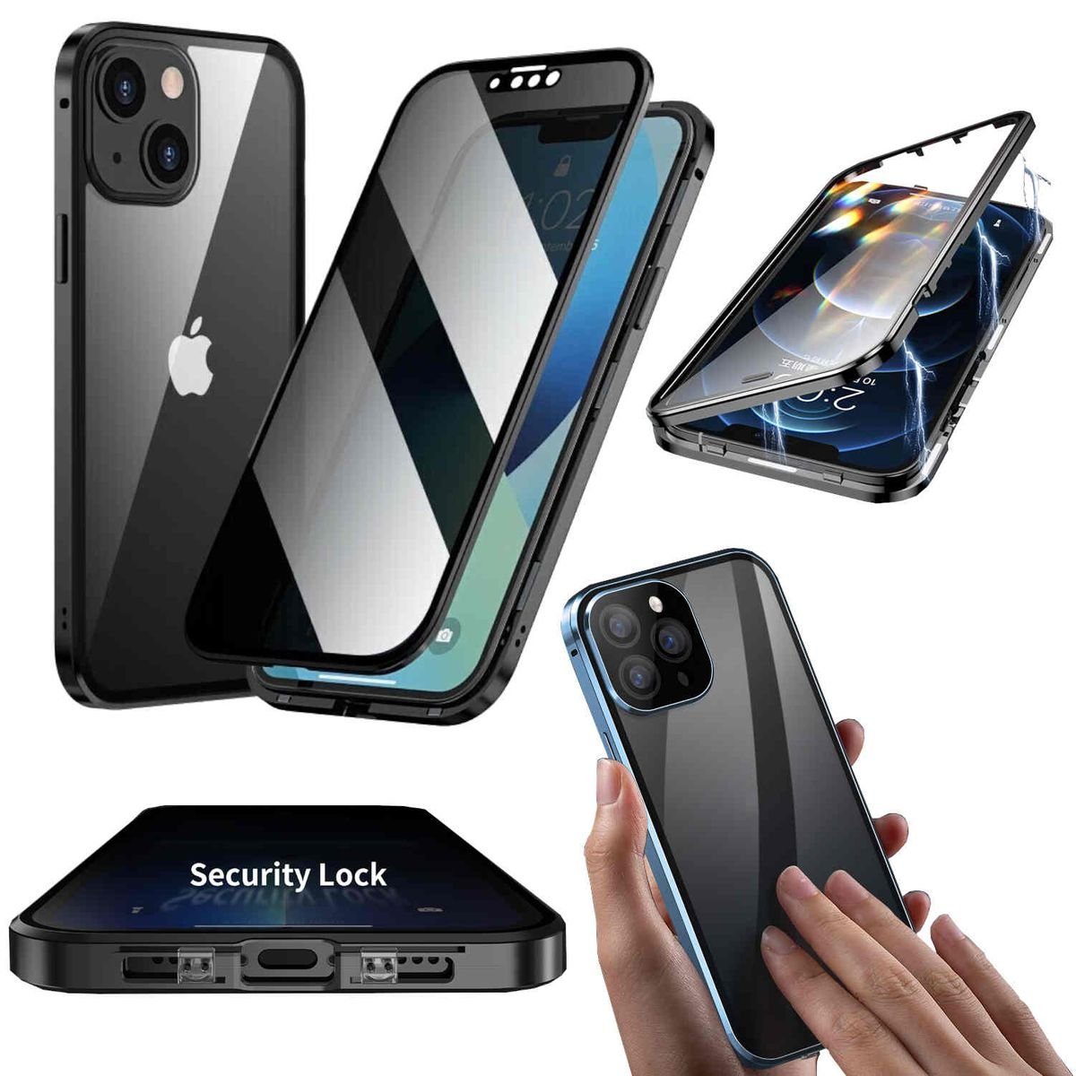 Wigento Handyhülle Für Apple iPhone 15 Pro Max 360 Privacy Magnet Glas Bumper Handy Hülle