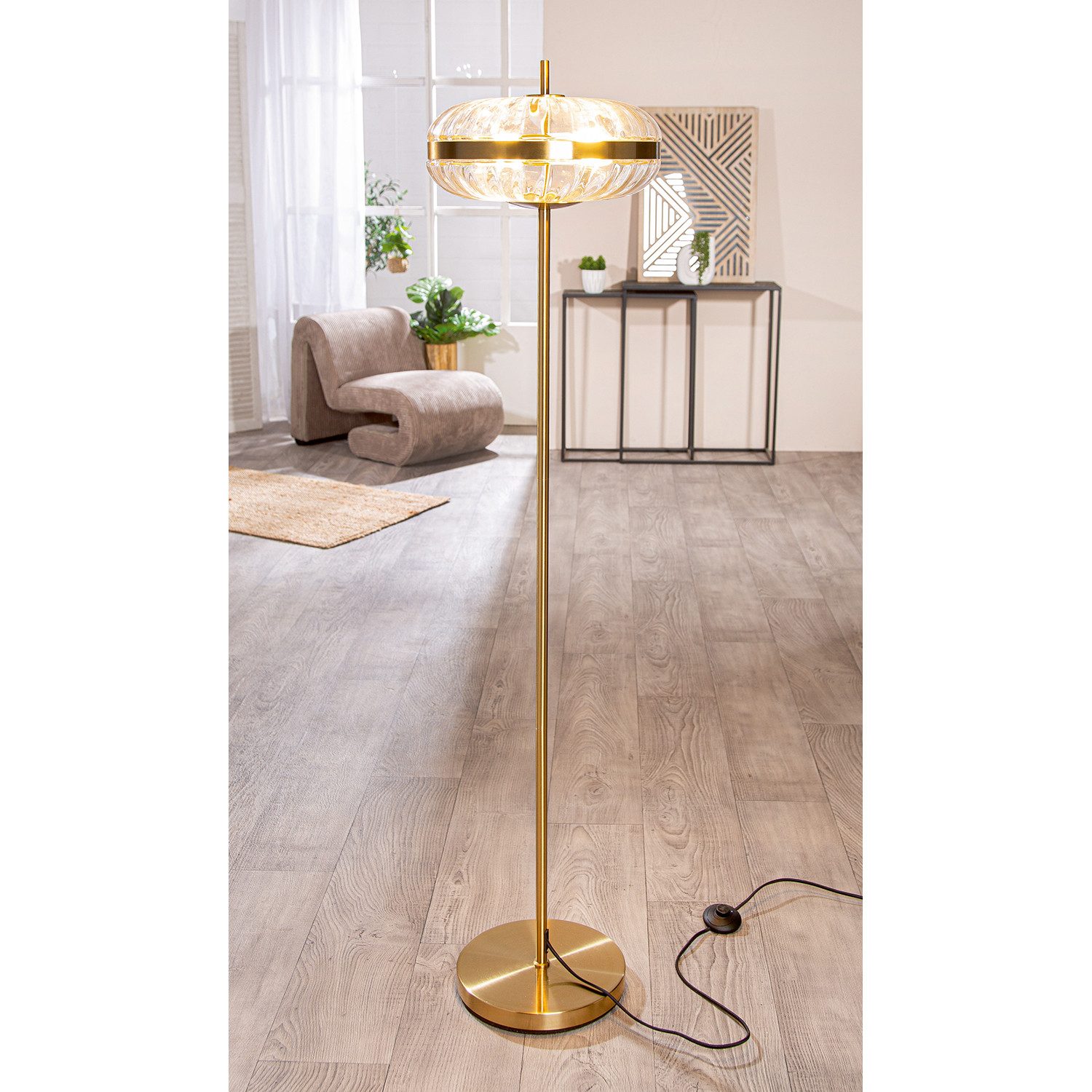 GILDE Stehlampe GLAMOUR Stehleuchte - gold - Glas,Metall - Höhe 150cm x Ø 35cm - Lampe, Tischlampe - Schreibtischlampe - Nachttischlampe
