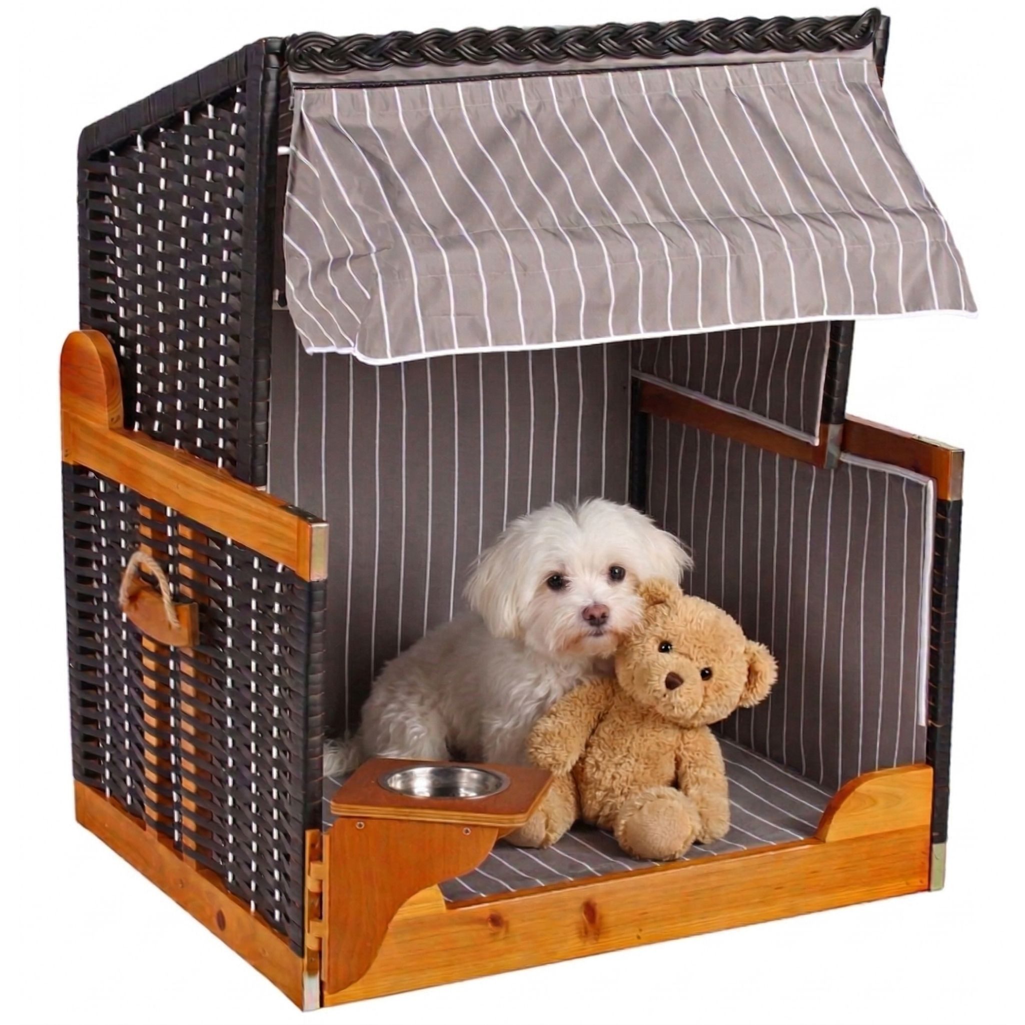 MR.DEKO Haustierstrandkorb Wacholder wetterfest, Hundebett Rattan 80x65x95cm, Hundestrandkorb, BxTxH: 80x65x95 cm, Hundestrandkorb, Hundestrandkorb, (Strandkorb für Hunde und Katzen, zerlegte Lieferung, 1-tlg), Hundekorb mit Napf, verstellbarer Sonnenblen