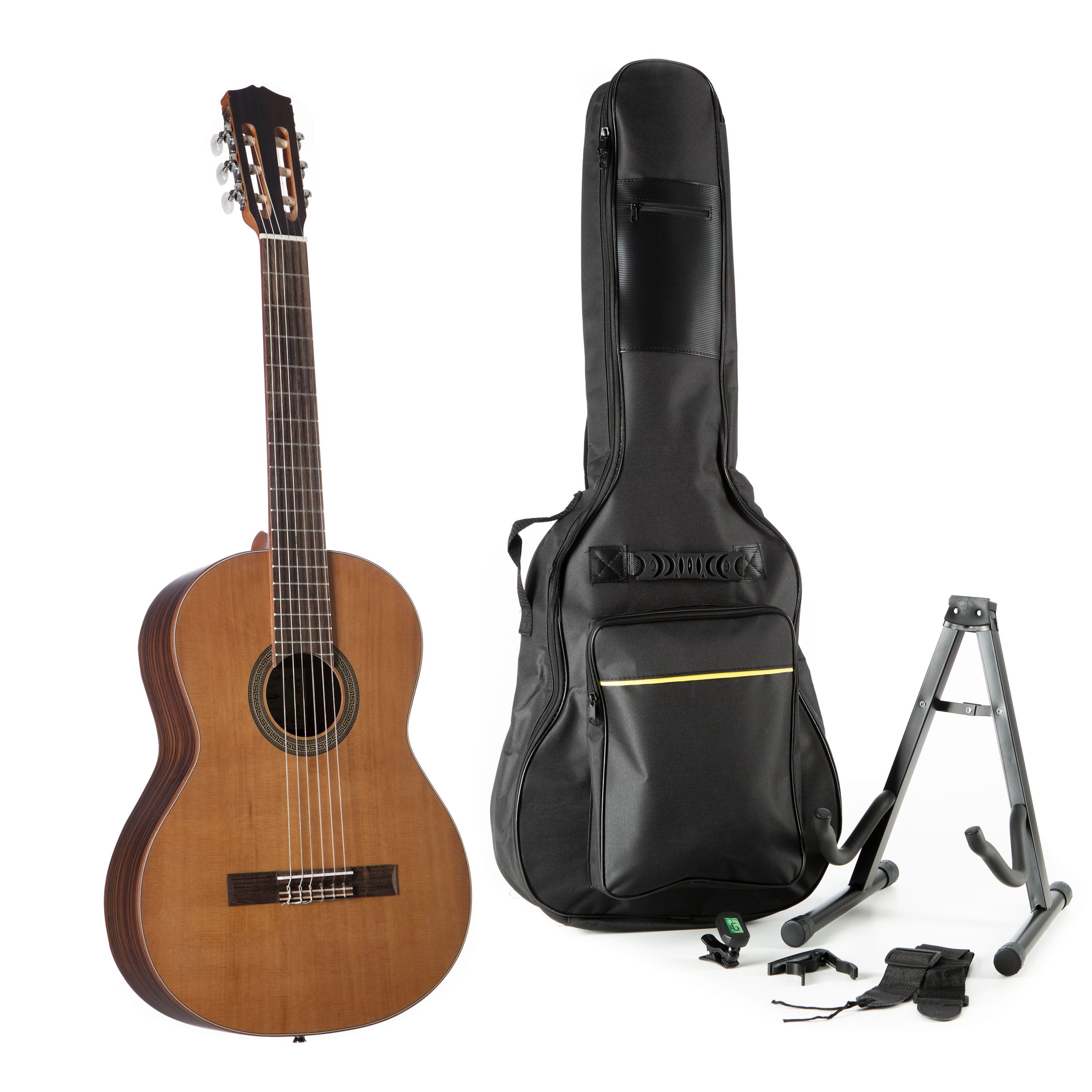 FAME Konzertgitarre, 4/4 Konzertgitarren Set Zederdecke Palisander Boden und Zargen Mahagoni Hals Palisander Griffbrett inklusive Zubehör Pack 1, Konzertgitarren, Konzertgitarren-Sets, Konzertgitarren Set, Zederdecke, Palisander Boden, Palisander