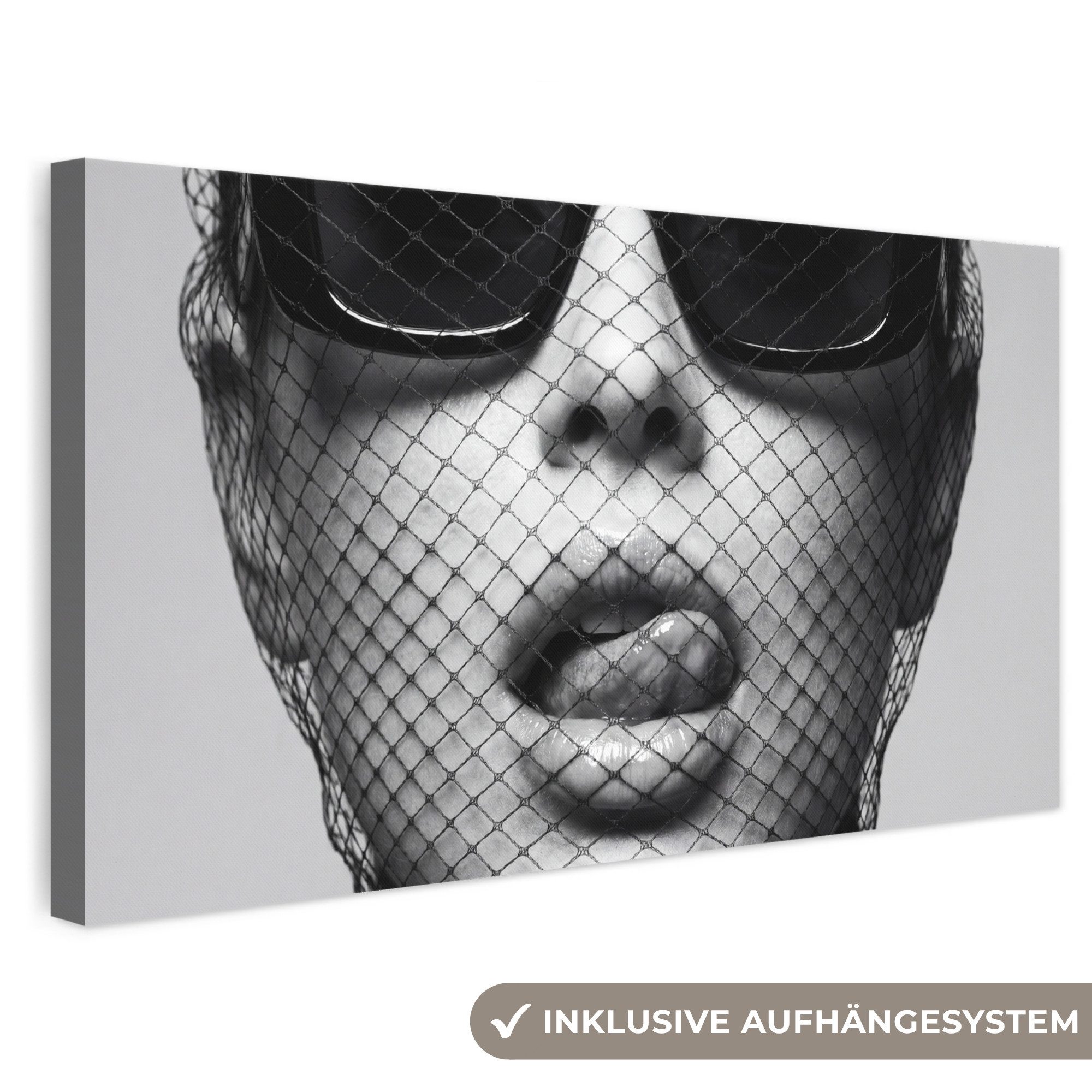 OneMillionCanvasses® Leinwandbild Panorama Frau - Netz - Mysteriös - Schwarz - Weiß, Fotodruck (1 St), Leinwand Bilder für Wohnzimmer Schlafzimmer 60x30 cm