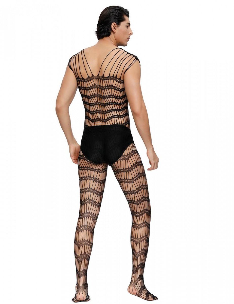 Lau-Fashion Lange Unterhose Bodystocking Netz Bänder Transparent Dessous Schwarz Nylon S/M/L