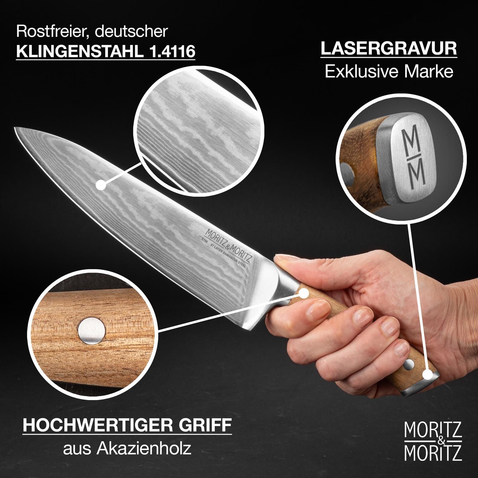Moritz & Moritz Fleischmesser Damastmesser - Stahl 67 Schichten, ergonomischer Griff