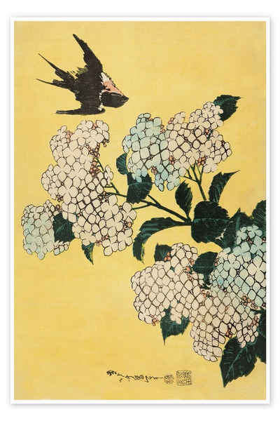 Posterlounge Poster Katsushika Hokusai, Hortensie und Schwalbe, unbetitelte Serie großer Blumen, ca. 1833, Malerei
