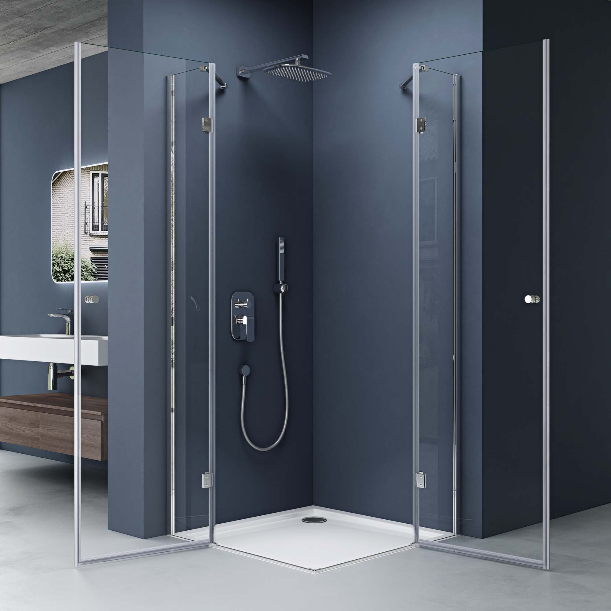 doporro Eckdusche Duschkabine Duschabtrennung mit 180° Drehfalttür 6mm ESG-Glas Rav01, BxT: 80x80 cm, Einscheibensicherheitsglas