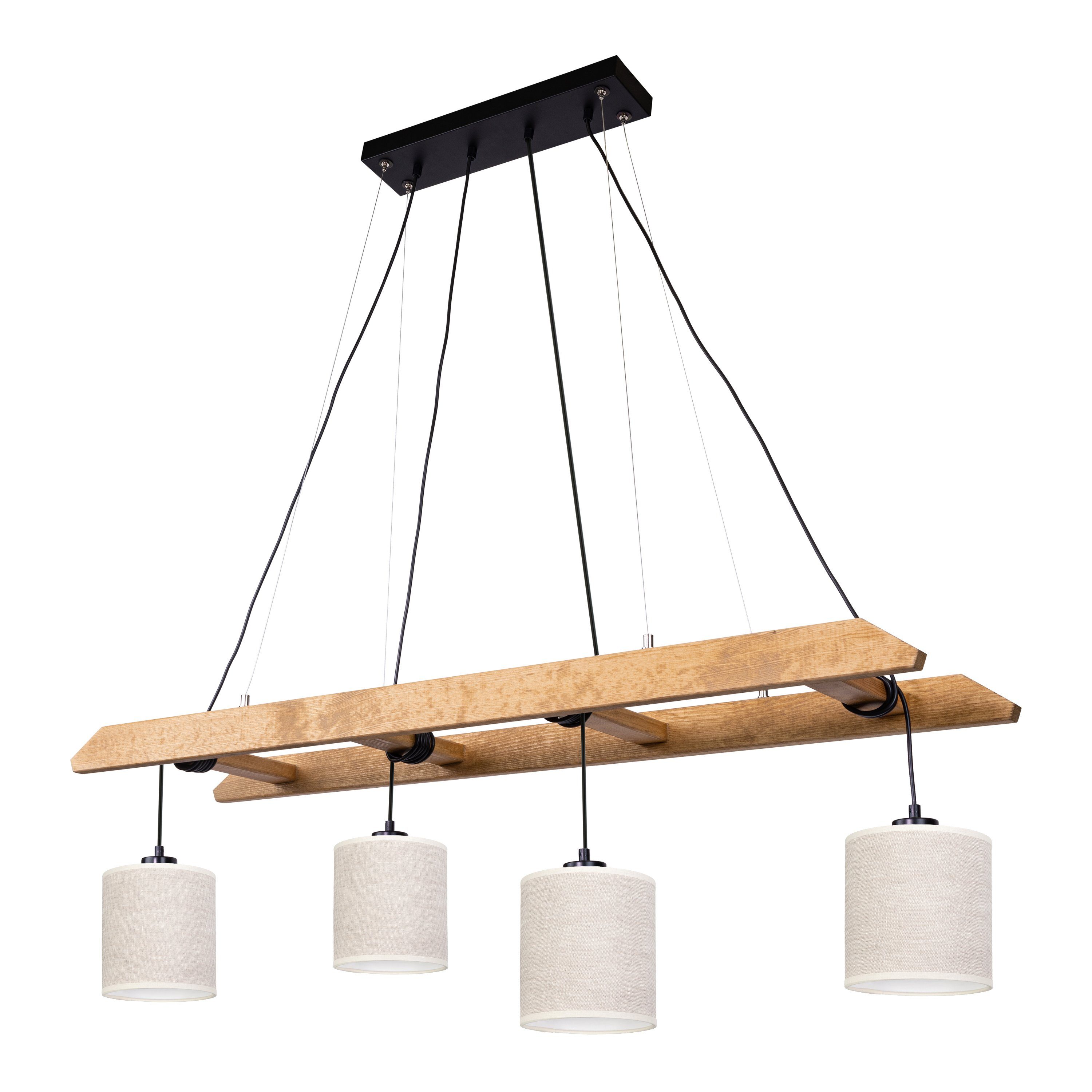 hofstein Pendelleuchte moderne Hängelampe aus Metall/Holz/Stoff in Schwarz/Natur/Beige, ohne Leuchtmittel, Leuchte im Boho-Design mit Stoffschirmen, Höhe max. 220 cm, 4 x E27