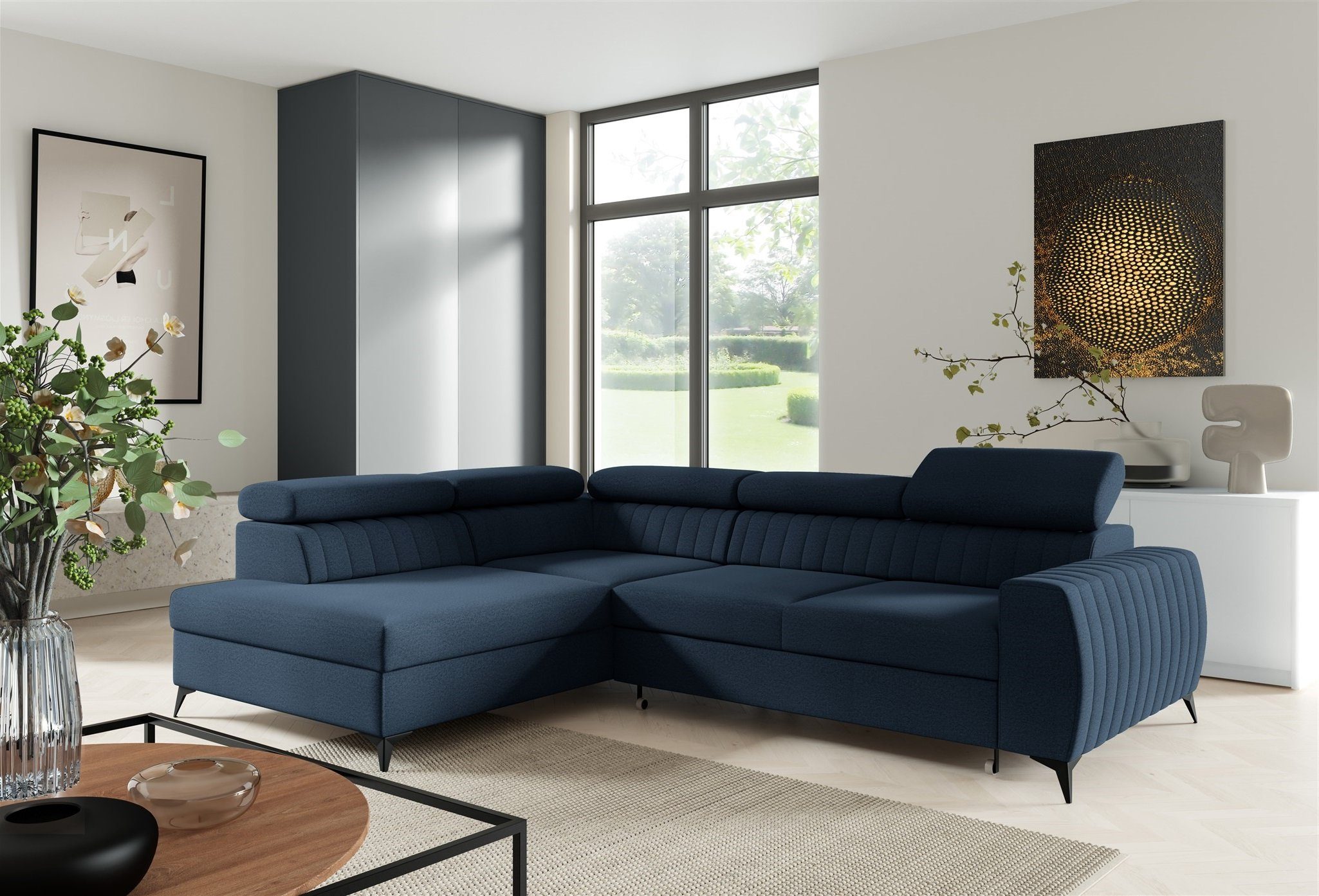 Fun Möbel Ecksofa Ecksofa Sofa TORONTO in Stoff mit Schlaffunktion und mane, Rundumbezug Blau