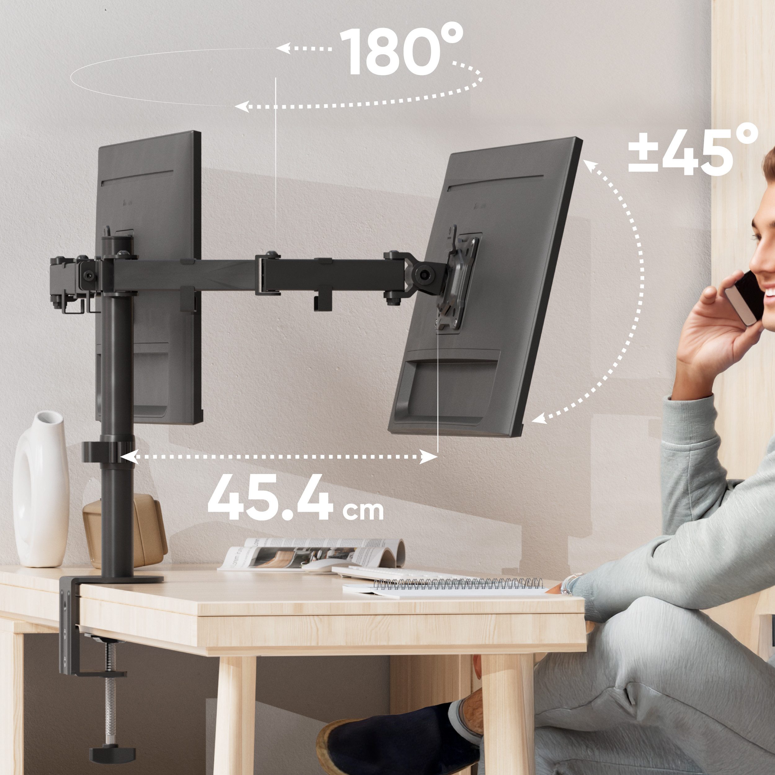 ONKRON Monitor-Halterung 13-32 Zoll, bis 8 kg pro Arm, VESA 75x75-100x100, D221E-B, (bis 32 Zoll, höhenverstellbar, schwenkbar, neigbar, drehbar, Kabelmanagemen – Bild 5 von 5