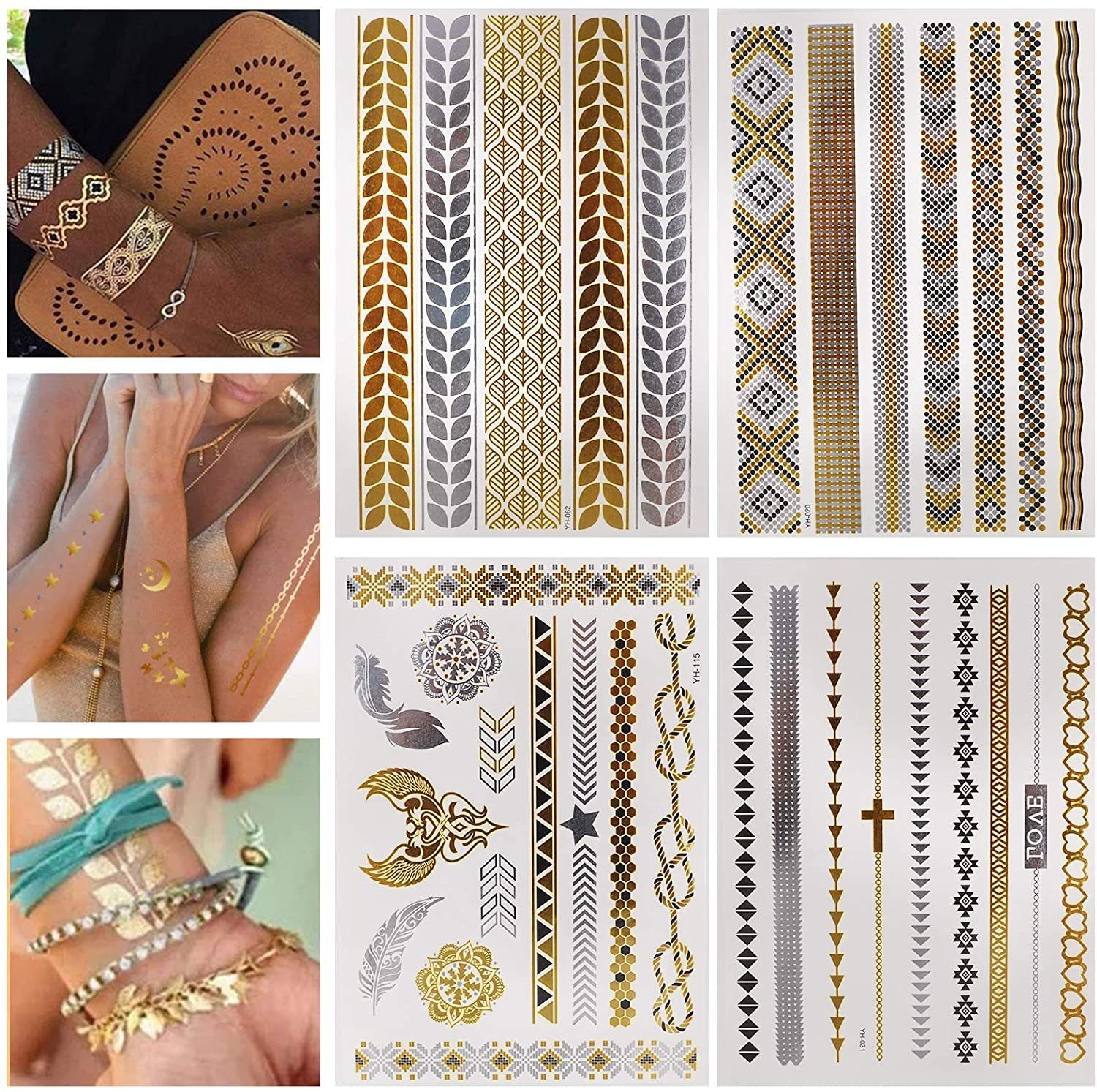 COOL-i ® Schmuck-Tattoo, 16er Set Metallic Flash Tattoos - Gold, Silber, Schwarz, Wasserdicht