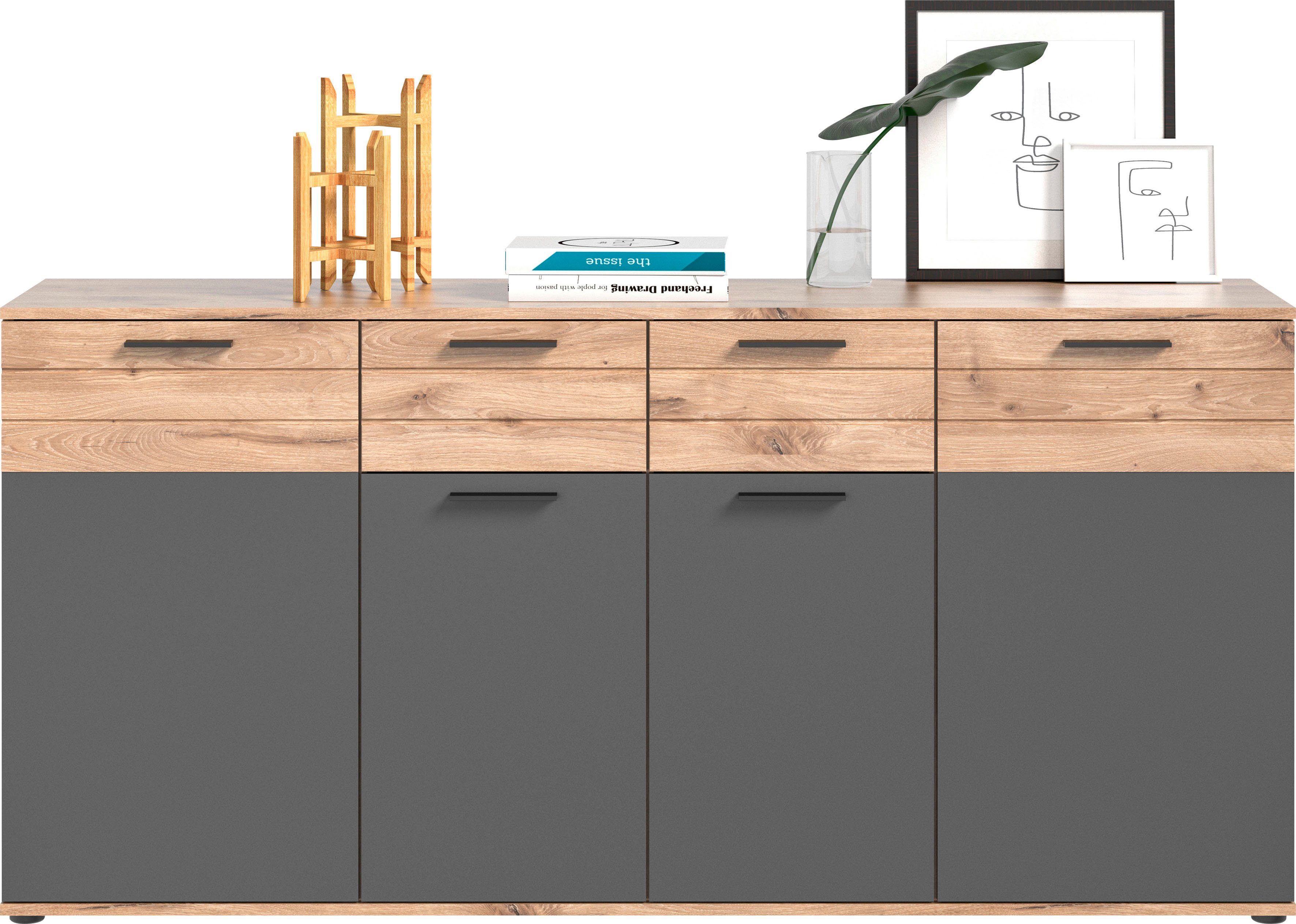 Home affaire Sideboard Riga, Breite 180cm, 4 Türen, 2 Schubkästen, 6 Einlegeböden, 10 Fächer, hochwertige Rillenfräsung, mit Softclose, Kommode, Anrichte, Schrank