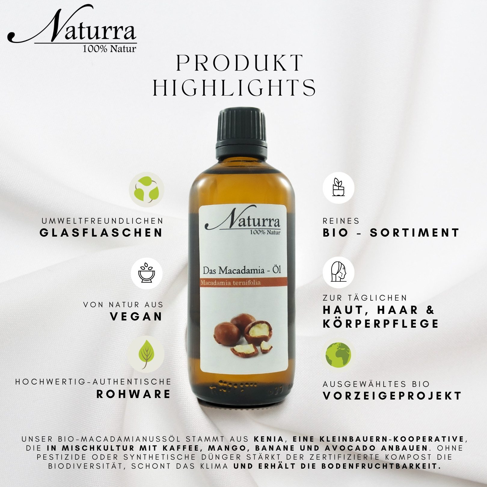 Naturra Körperöl Macadamianussöl Bio kaltgepresst unraffiniert premium Rohware im Glas, Kenianisches Bio-Vorzeigeprojekt, Palmitoleinsäure, Premiumqualität