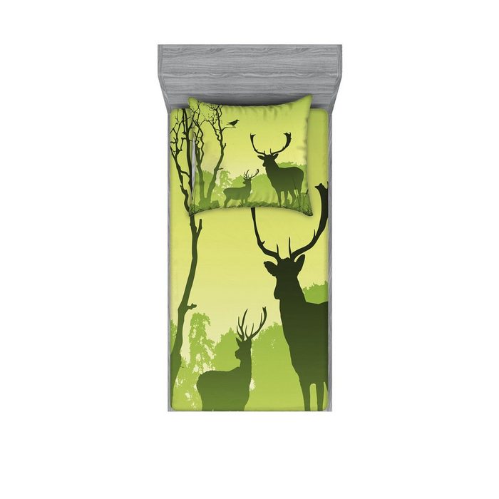 Bettwäsche bedrucktes 2-teiliges Bettwäscheset Abakuhaus Microfaser Grün Deer Bäume und Krähen Vogel