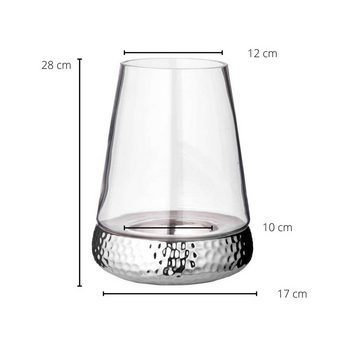 EDZARD Windlicht Bora, Kerzenhalter aus Glas mit gehämmerter Silber-Optik, Laterne für Stumpenkerzen, Höhe 28 cm, Ø 18 cm