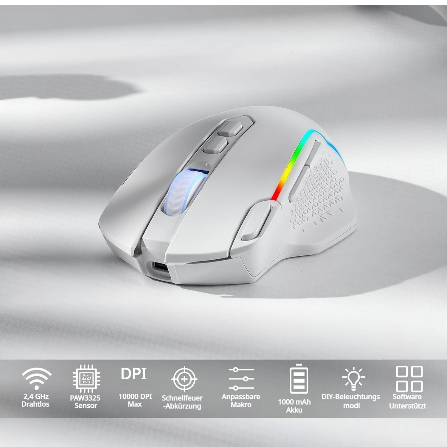 Redragon M810 Pro Kabellos/Kabelgebunden Maus, 10000 DPI, Schnellfeuertaste Gaming-Maus (2,4 GHz Drahtlos (via Nano-Empfänger), Makrofunktion & True Color) – Bild 5 von 5