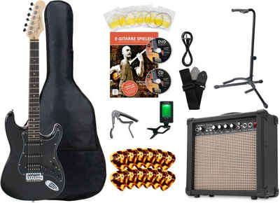 Rocktile E-Gitarre Pro ST60-BK All Black Super Kit, Kapodaster, Clip-Tuner und Plektren im Spar-Set, mit Gitarrenverstärker, Gitarrenständer und Gitarrengurt