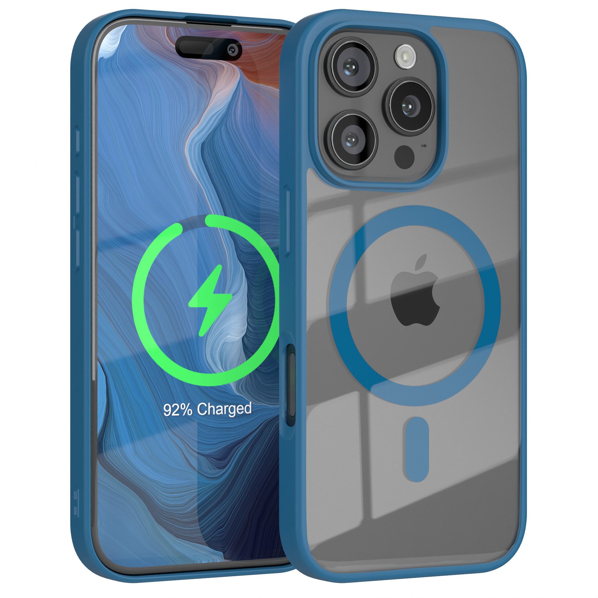 EAZY CASE Handyhülle Transparente Hülle mit MagSafe für iPhone 16 Pro 6,3 Zoll, Silikon Handyhülle, Schutzhülle mit Kameraschutz, Etui magnetisch Blau