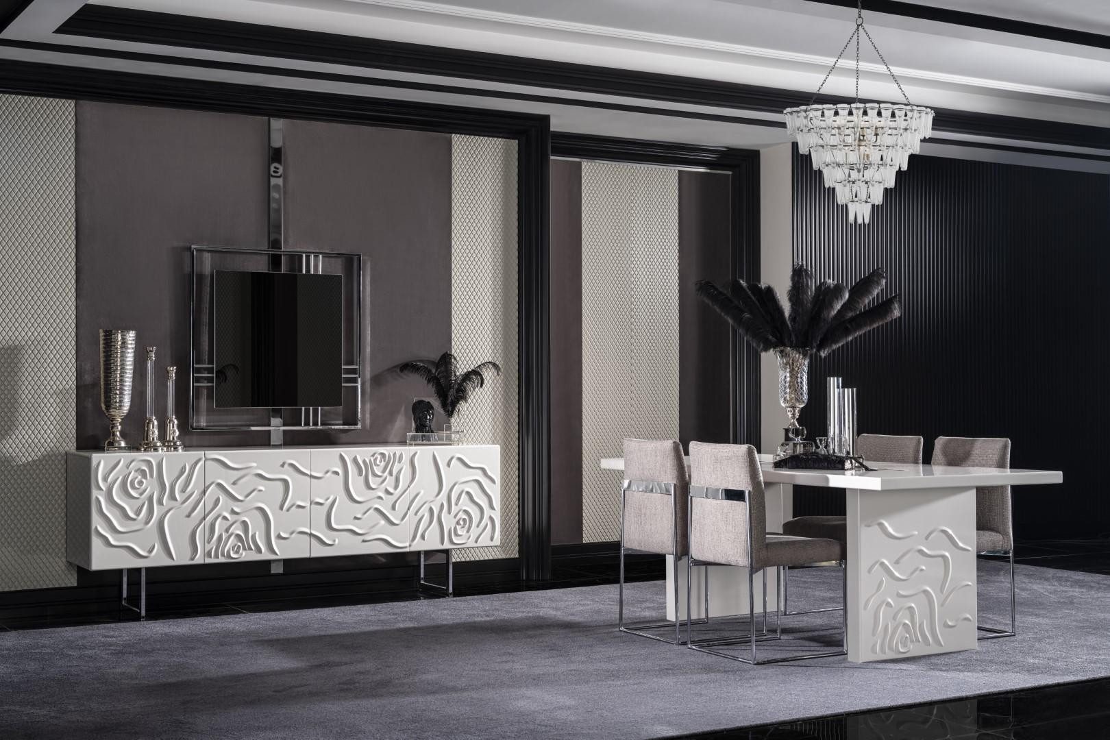 JVmoebel Esszimmer-Set Elegantes weißes Esszimmer Set aus Holz mit Spiegel und Sideboard, (7-St., Esstisch, 4x Stühle, Sideboard, Spiegel), Made in Europe