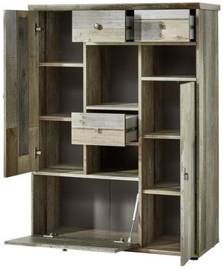 Innostyle Wohnwand Wohnzimmerschrank Wohnwand BONANZA DD83 - Driftwood Nachbildung, (Komplett-Set, 4-St., 1x Vitrine, 1x TV-Lowboard, 1x Wandboard, 1x Highboard)