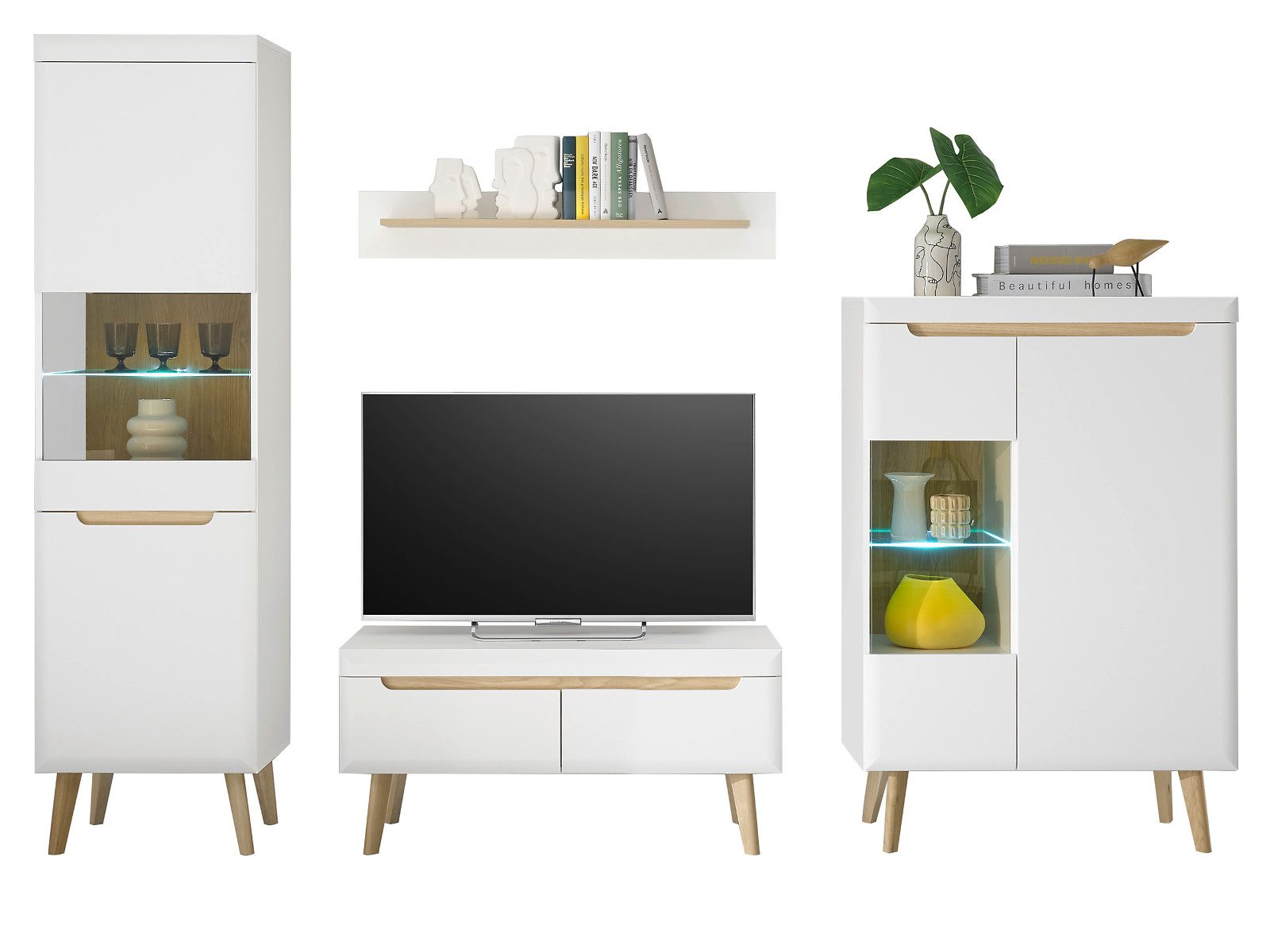 Furn.Design Wohnwand Isgard, (Wohnzimmer-Set in weiß matt mit Scandi Eiche, 4-St., Breite 270 bis 310 cm), Soft-Close