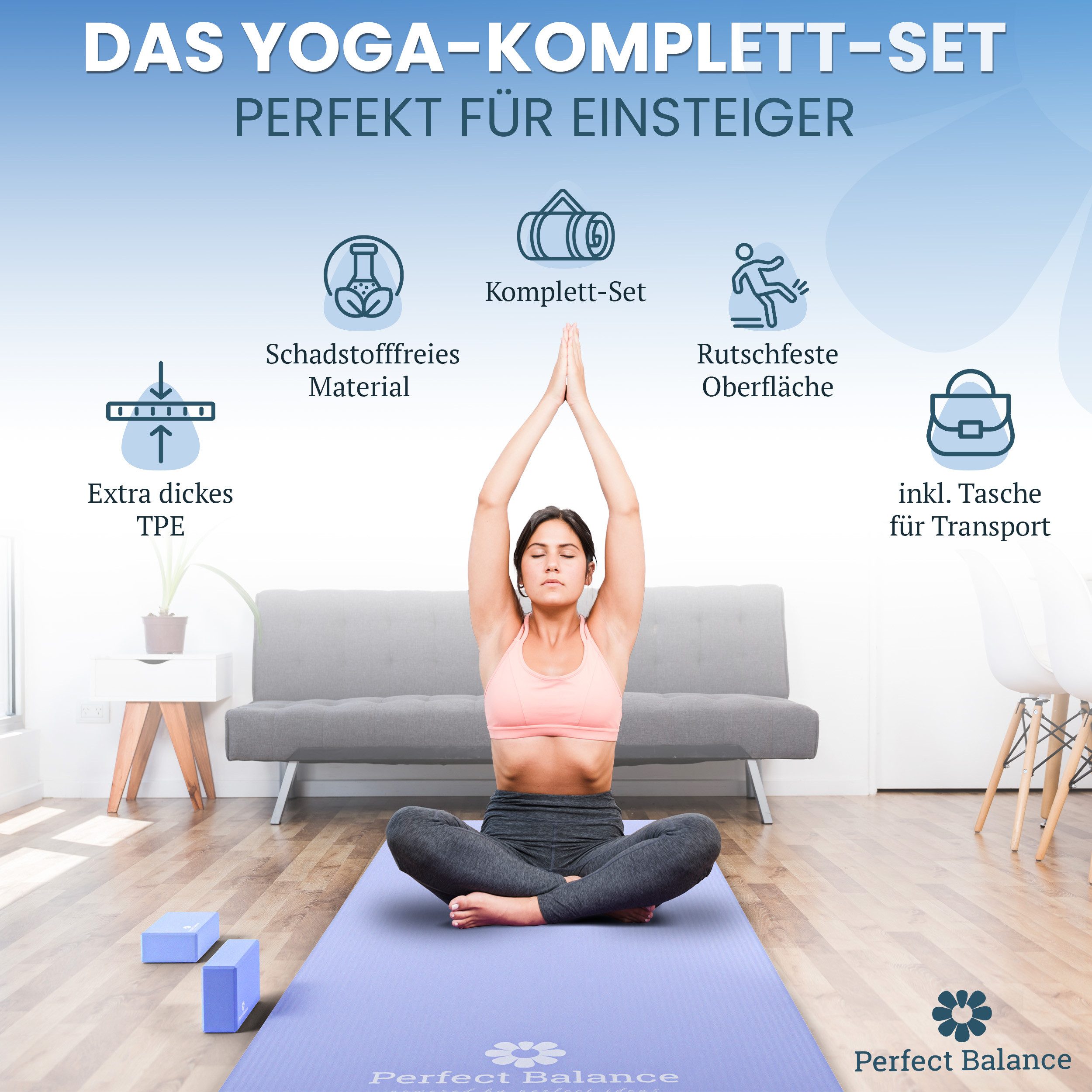 Perfect Balance Yogamatte Yoga Matten Set mit Retro-Baumwolltasche und 2 Blöcken