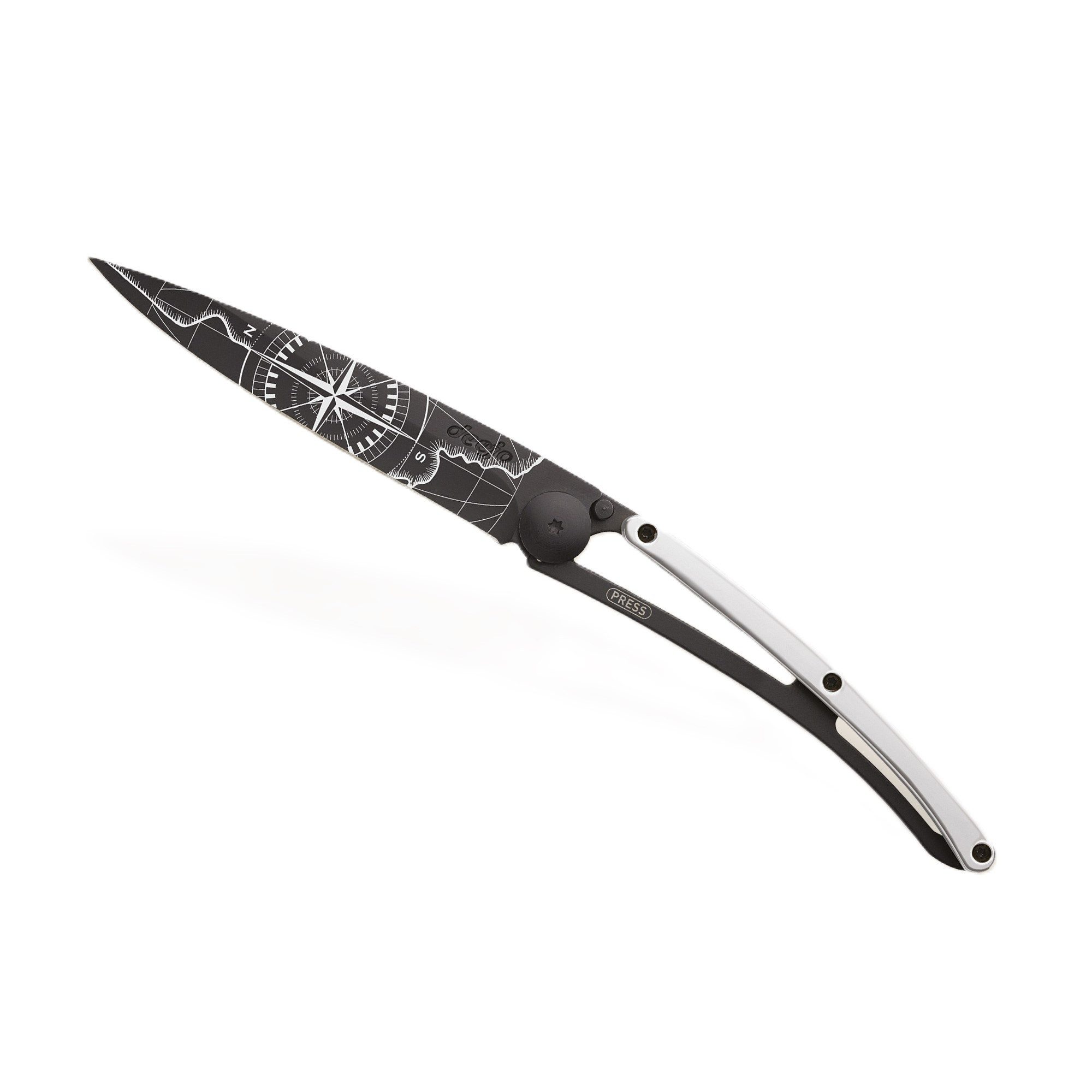 Deejo Taschenmesser – Klappmesser 37g – Edelstahl – gravierte Klinge – weißgoldbe